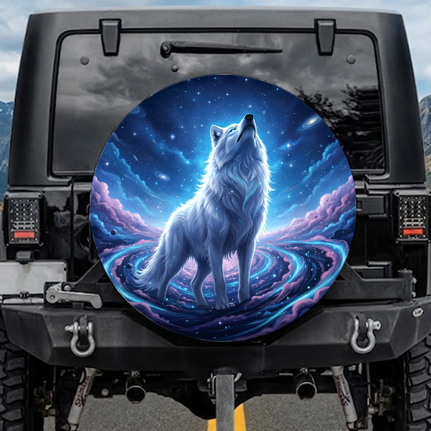 White Wolf Majestic Galactic Nebula - Space Enthusiast Gift Spare Tire Cover - 1