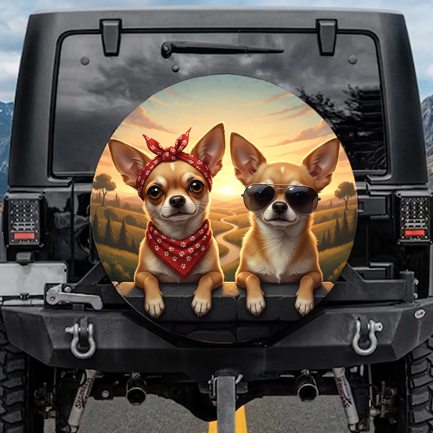 Chihuahua Dogs Red Bandana Sunglasses Scenic Sunset View - Dog Lover Road Trip Gift Spare Tire Cover - 1