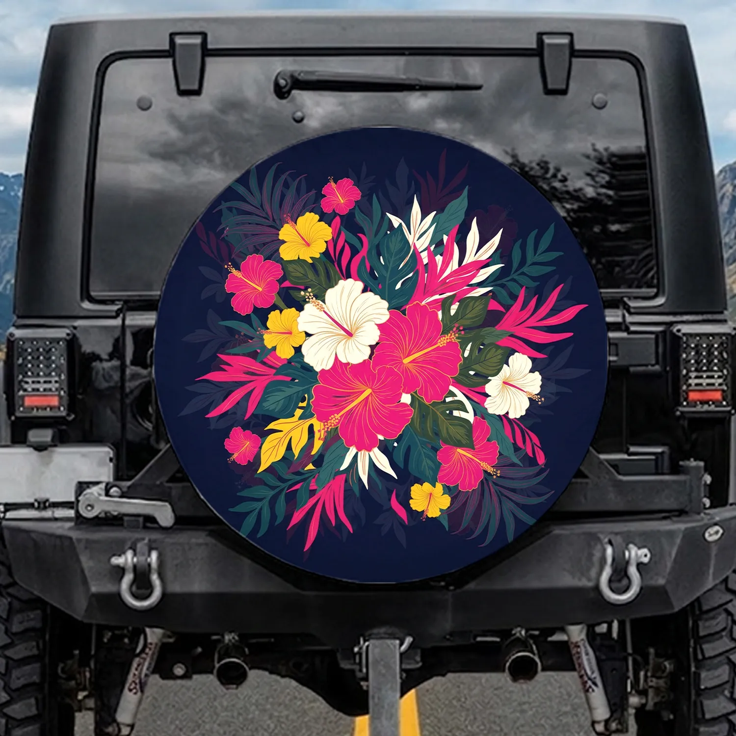 Lush Expansive Tropical Hibiscus Flowers Foliage - Outdoor Botanical Lifestyle Decor Spare Tire Cover - 1