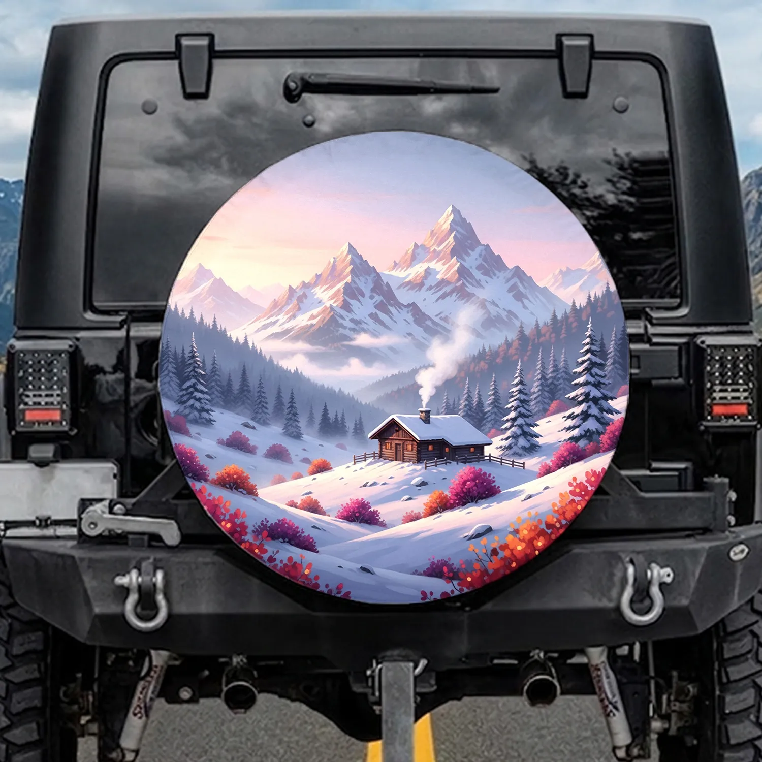 Snowy Cabin Alpine Mountains Pine Trees Flowered Slopes - Travel Essentials Gift Spare Tire Cover - 1