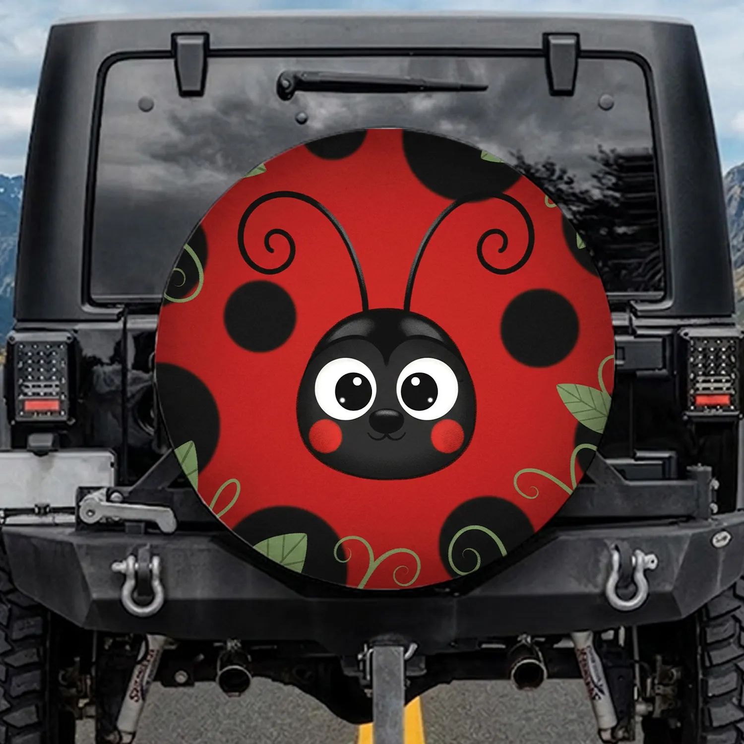 Charming Ladybug Face Antennae Red Background Green Foliage - Garden Lover Gift Spare Tire Cover - 1