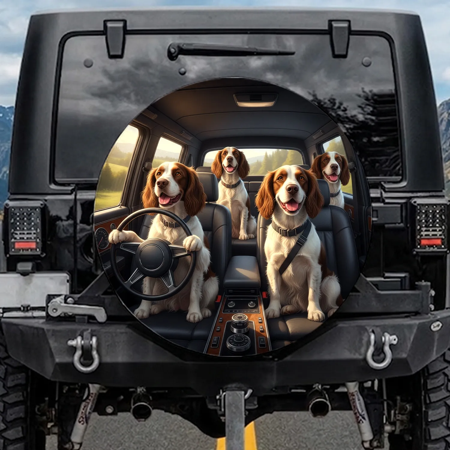 Four Realistic Springer Spaniel Dogs Driving Luxury Car - Dog Lover Gift Spare Tire Cover - 1