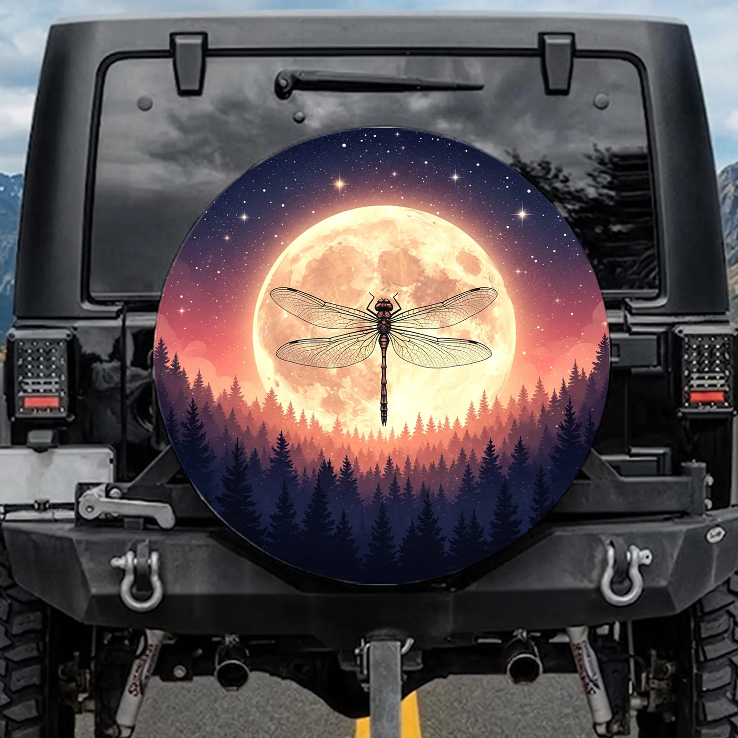 Dragonfly Radiant Full Moon Starry Night Pine Forest - Nature Lover Gift Spare Tire Cover - 1