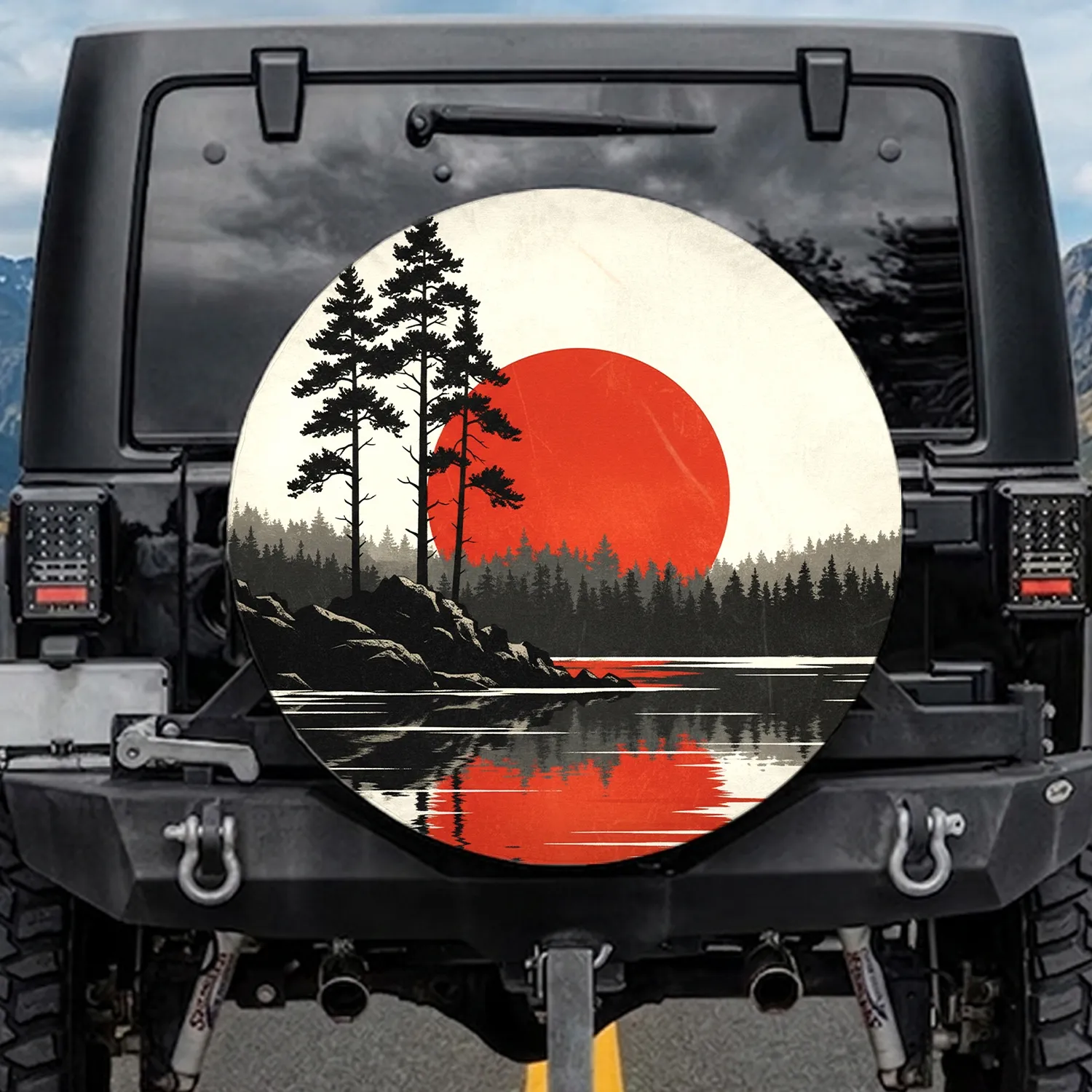 Red-Orange Sun Pine Trees Reflective Water - Nature Lover Gift Spare Tire Cover - 1