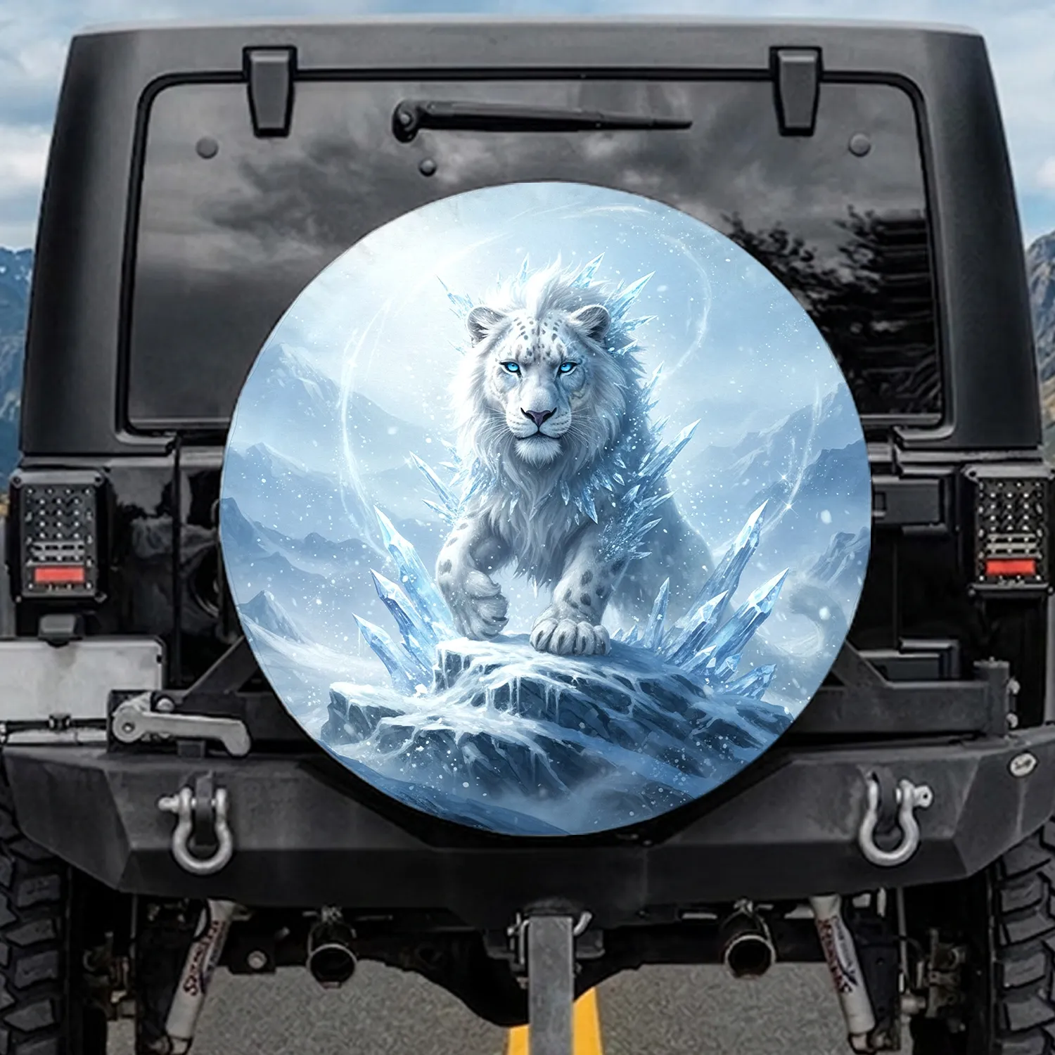 Majestic White Lion Snow Leopard Hybrid Ice Crystals - Fantasy Art Lover Gift Spare Tire Cover - 1