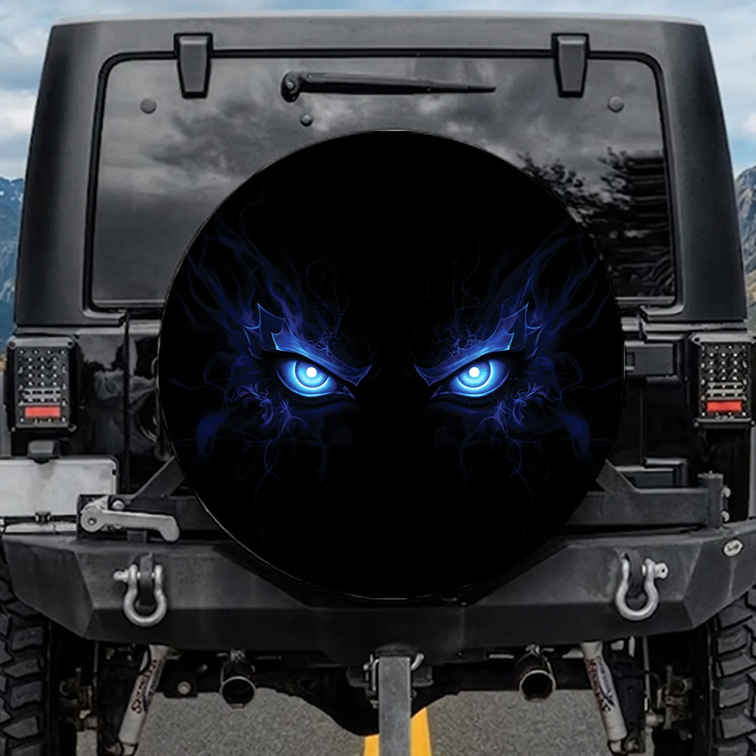 Intense Predatory Glowing Electric Blue Eyes Dark Smoke Indigo - Vehicle Adventure Gear Spare Tire Cover - 1