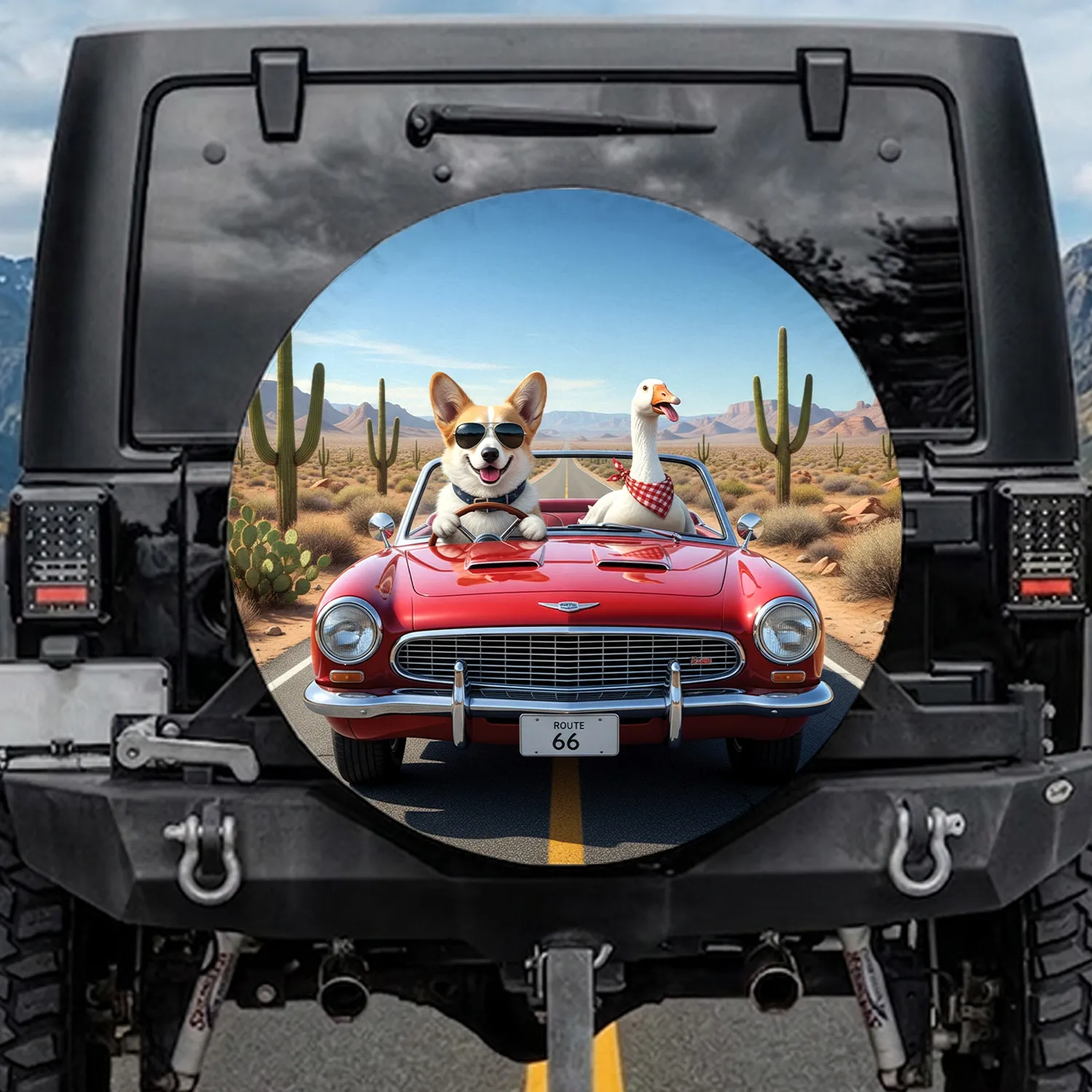 Corgi Dog Goose Vintage Convertible Desert Highway Road Trip Adventure For Dog Lovers Spare Tire Cover - 1