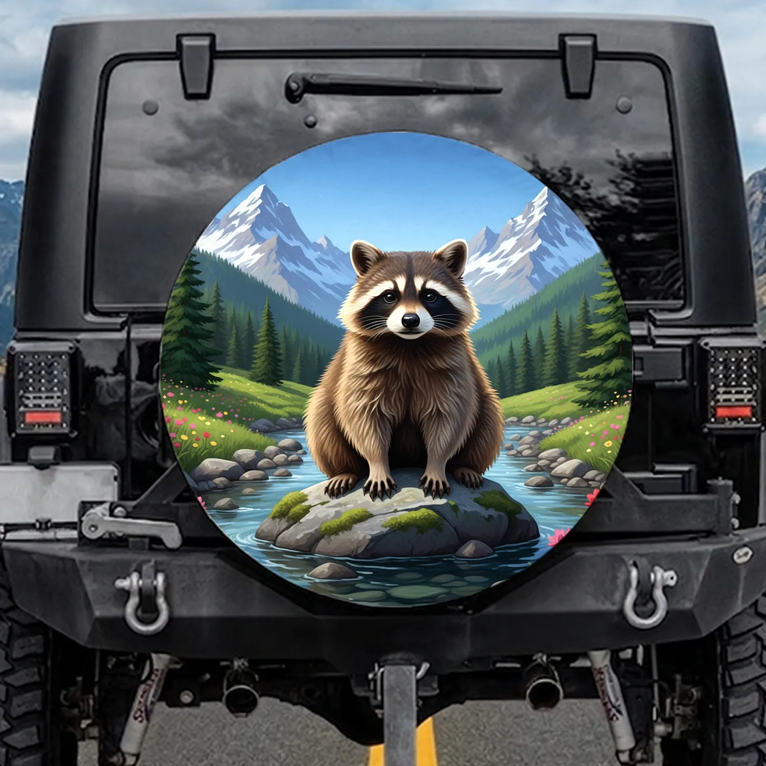 Fluffy Raccoon Mossy Rock Mountain Stream Wildflowers Pine Forests - Wildlife Lover Gift Spare Tire Cover - 1