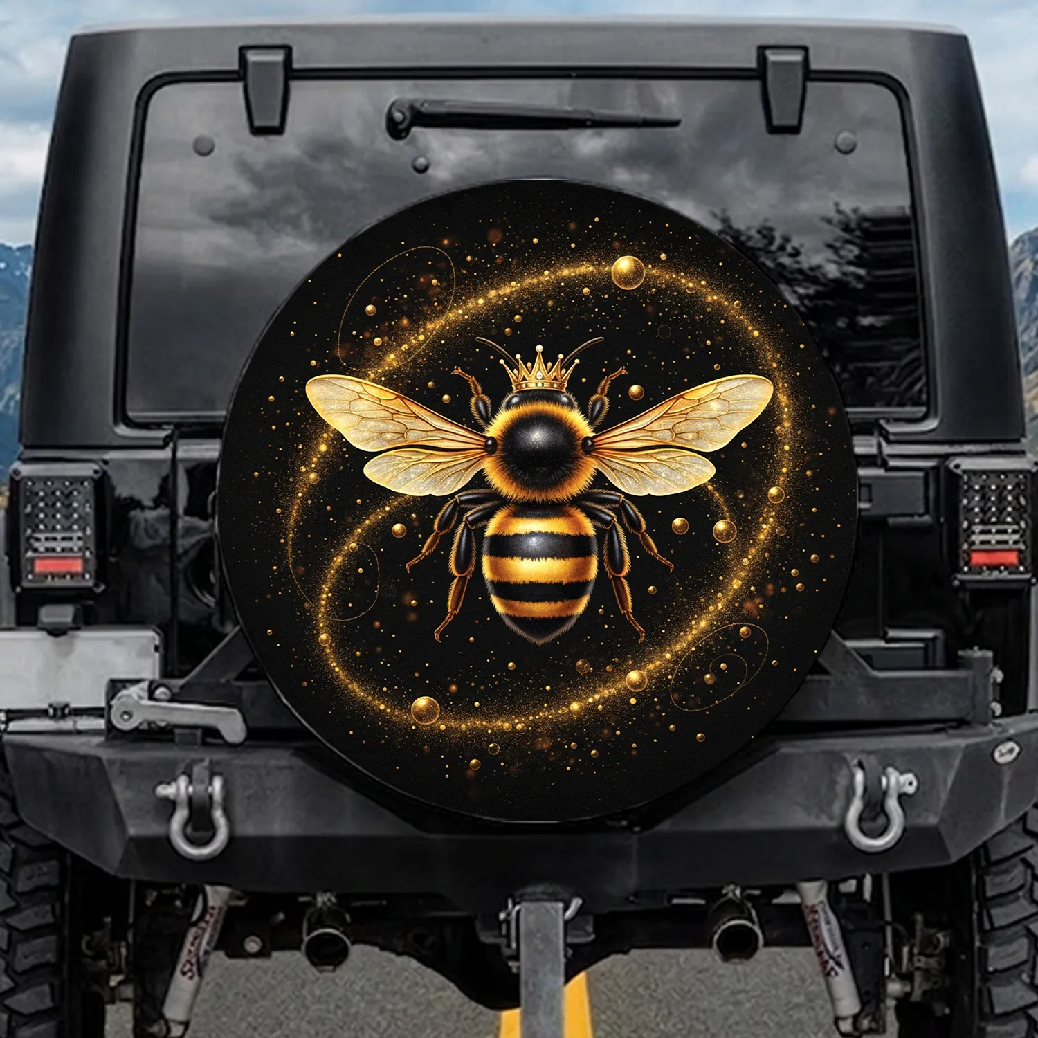 Majestic Queen Bee Golden Crown Shimmering Dust - Regal Home Decor Gift Spare Tire Cover - 1