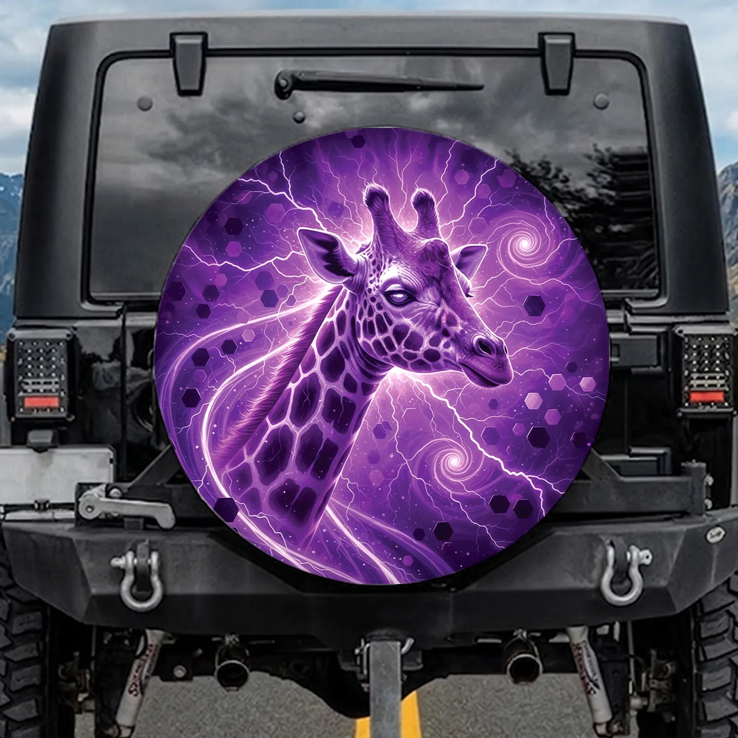 Electric Purple Giraffe Head Plasma - Futuristic Vehicle Decor Wildlife Lover Gift Spare Tire Cover - 1