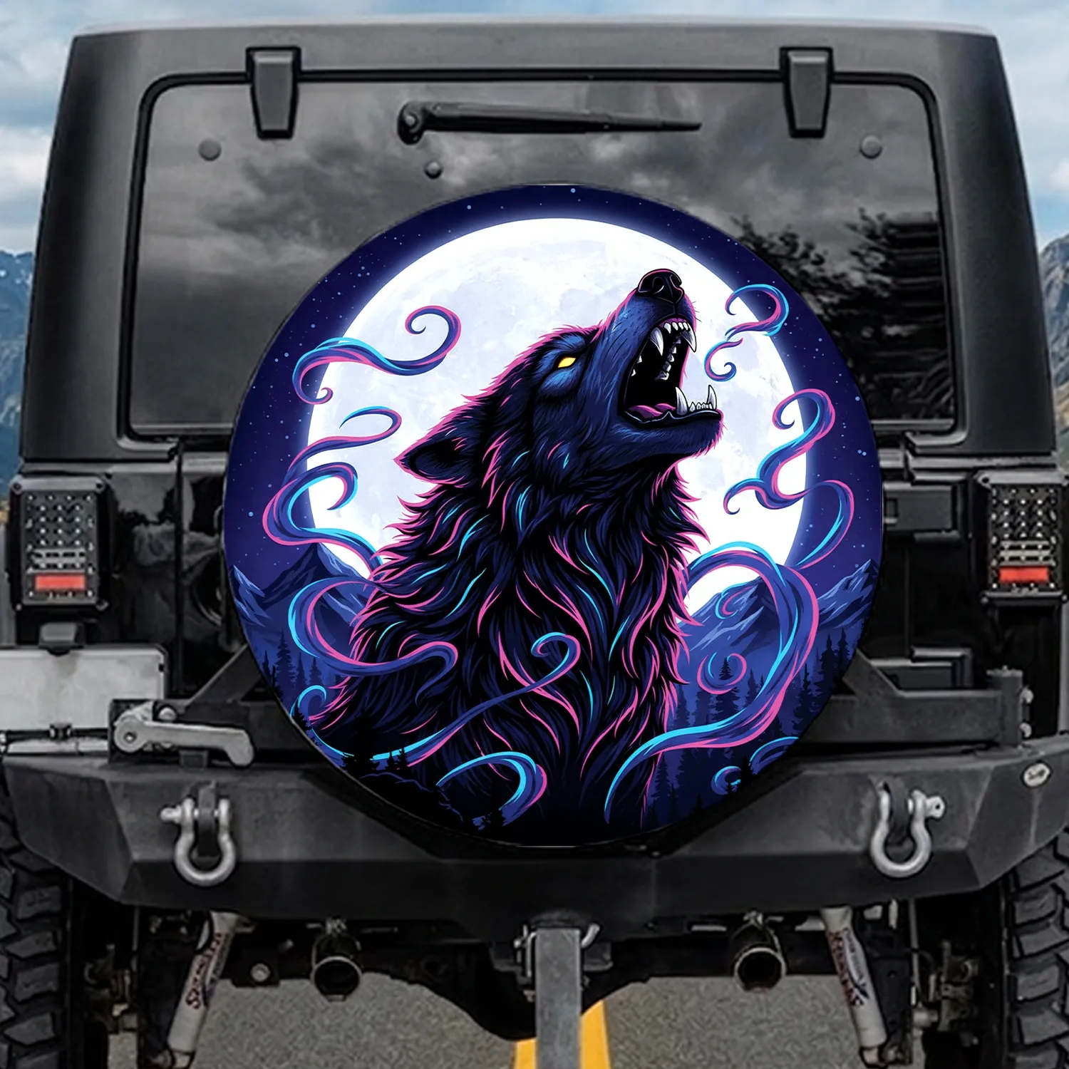 Howling Wolf Full Moon Mountain Forest - Wildlife Lover Gift for Wolf Enthusiast Spare Tire Cover - 1