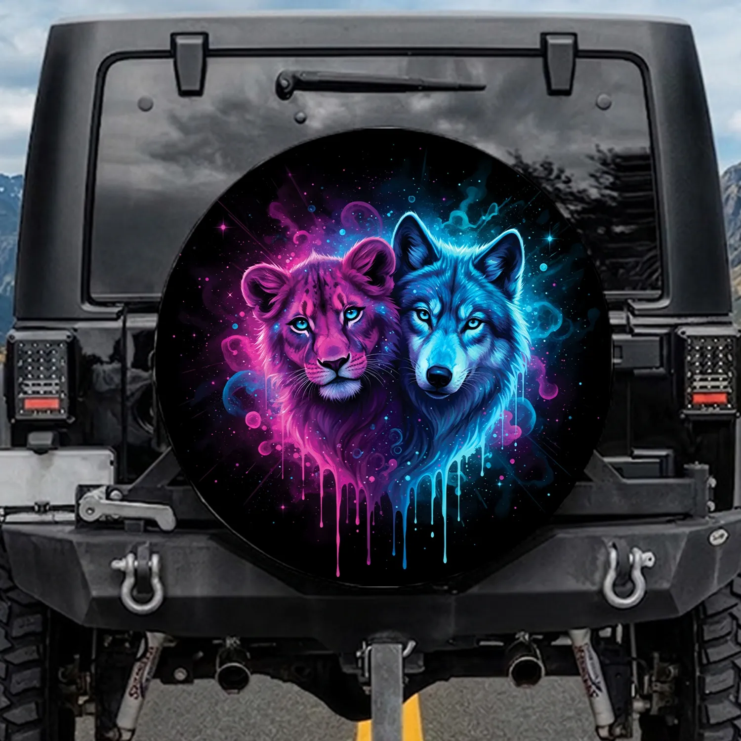 Lion Cub Wolf Glowing Eyes Fuchsia Purple Cyan Blue Cosmic Neon Drips - Wildlife Lover Gift Spare Tire Cover - 1