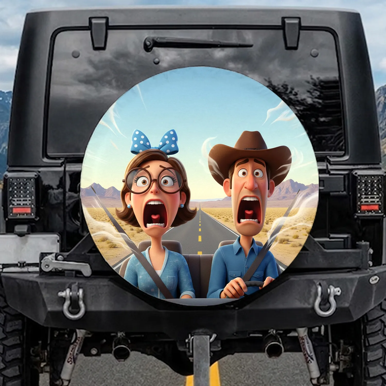 Terrified Cartoon Characters Desert Road Trip Travel Adventure Gift Spare Tire Cover - 1