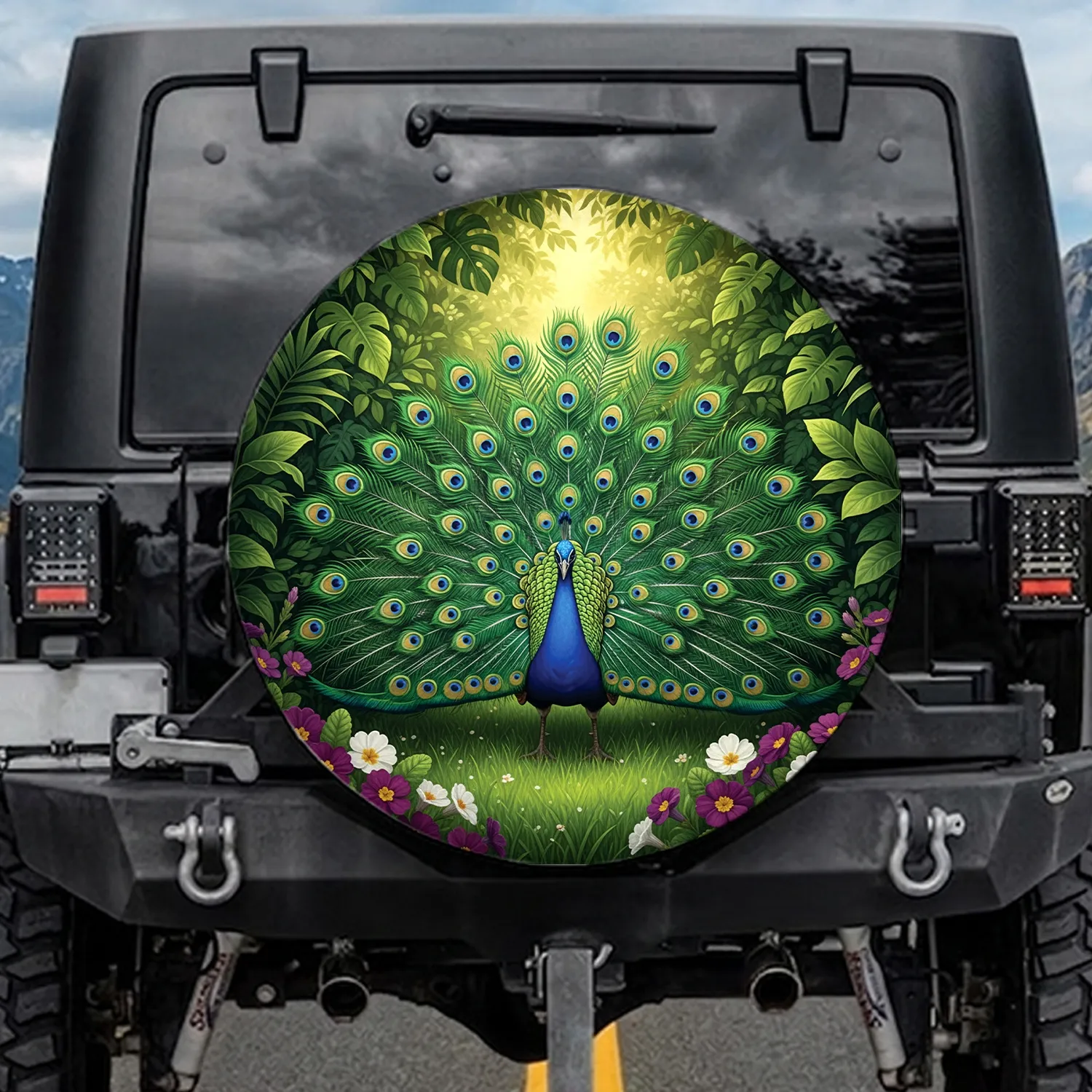 Peacock Fanned Tail Tropical Garden Blossoms - Wildlife Lover Gift Spare Tire Cover - 1