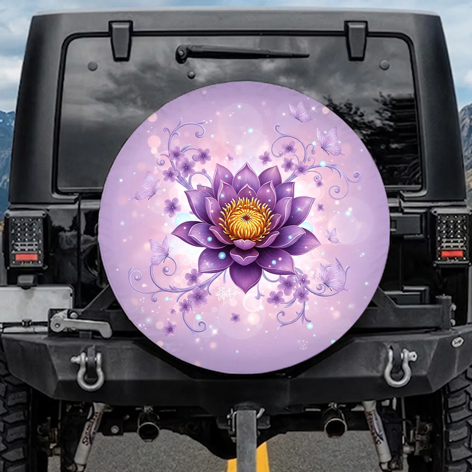 Purple Lotus Flower Butterfly Vine Home Decor Gift for Yoga Lover Spare Tire Cover - 1