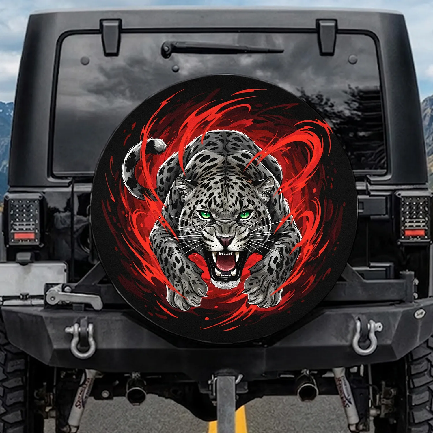 Fierce Snarling Leopard Pouncing Fiery Red - Wild Animal Car Accessory Gift Spare Tire Cover - 1