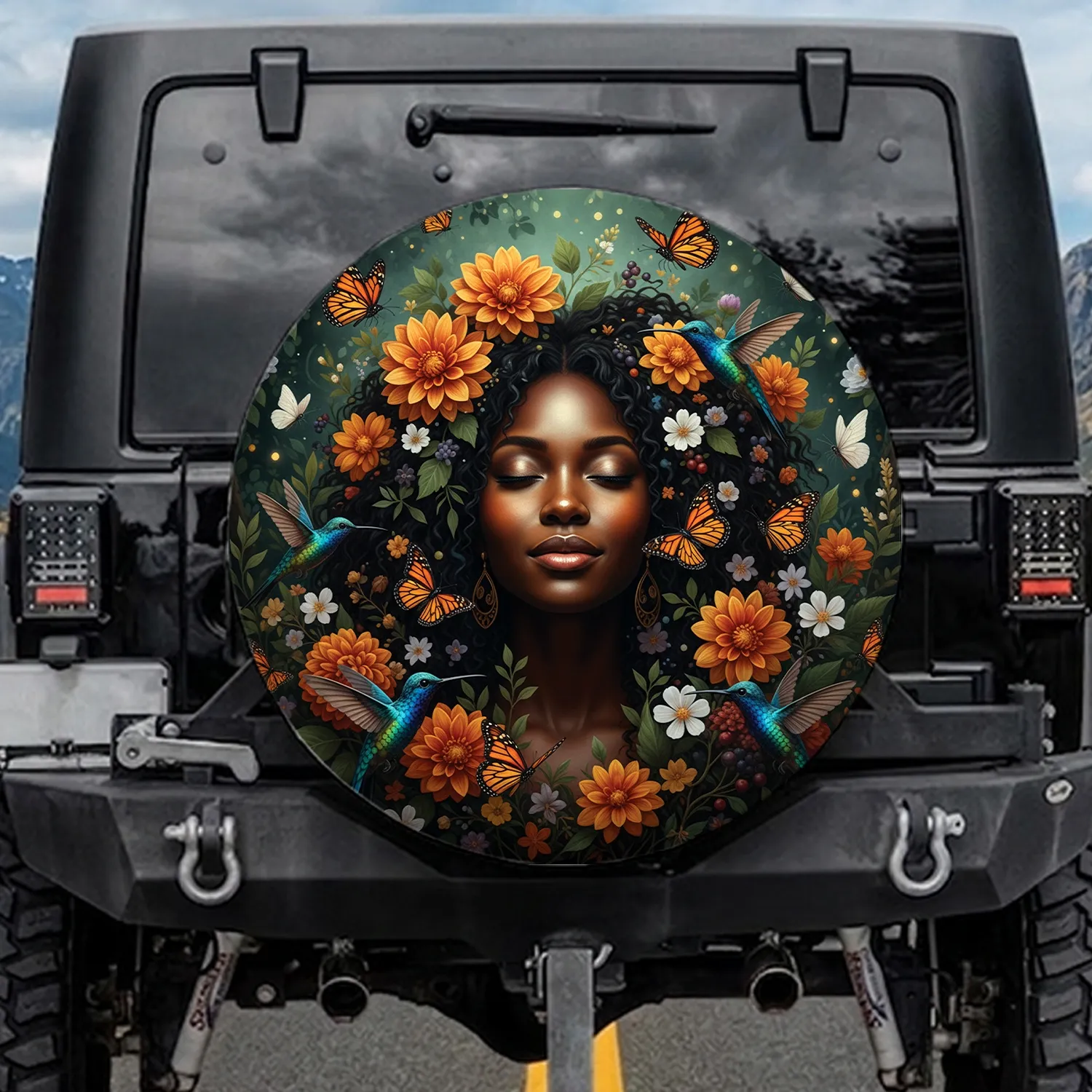 African American Woman Dahlia Hummingbird Butterflies - Nature Lover Gift Spare Tire Cover - 1