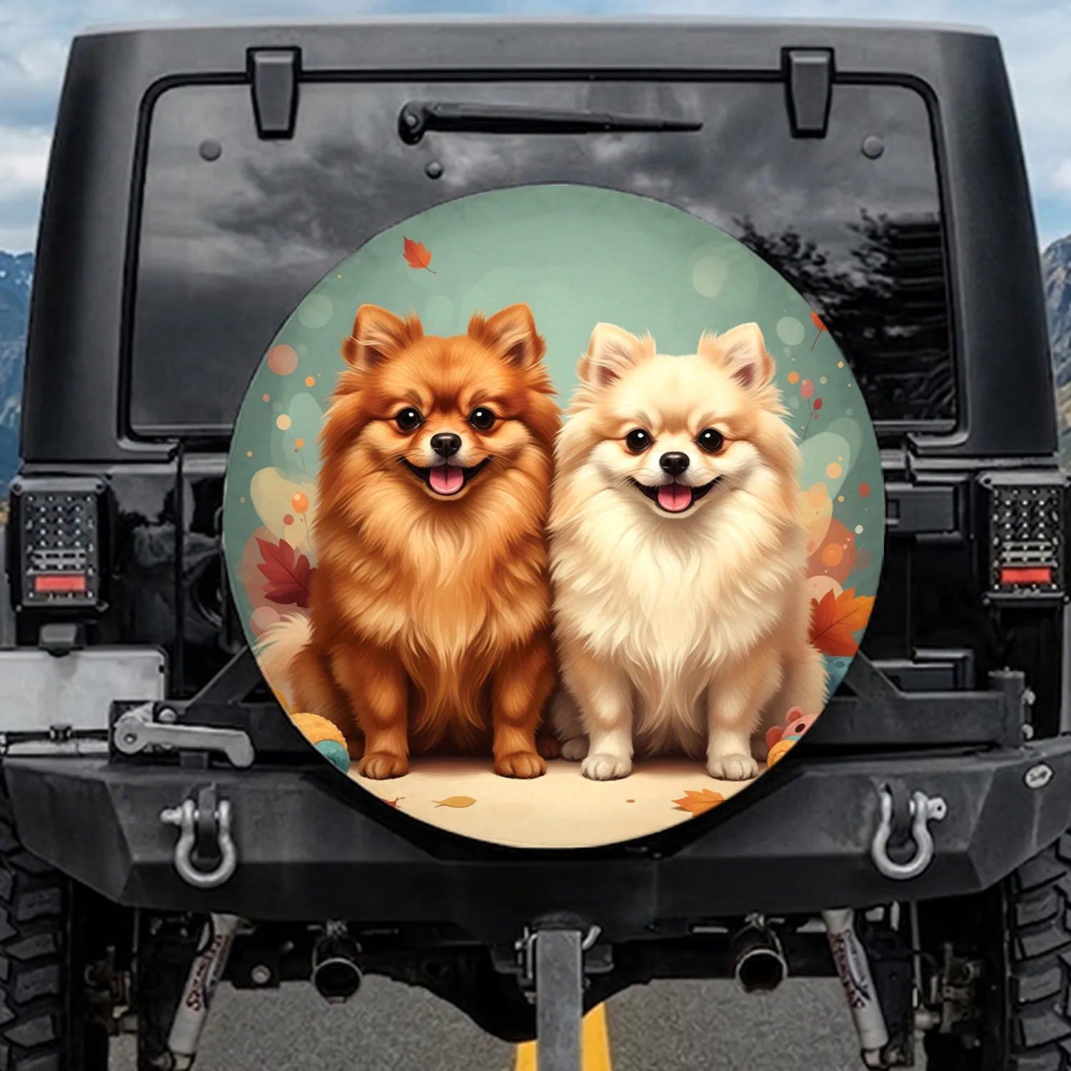 Brown White Pomeranian Dogs Teal Background - Dog Lover Gift Spare Tire Cover - 1