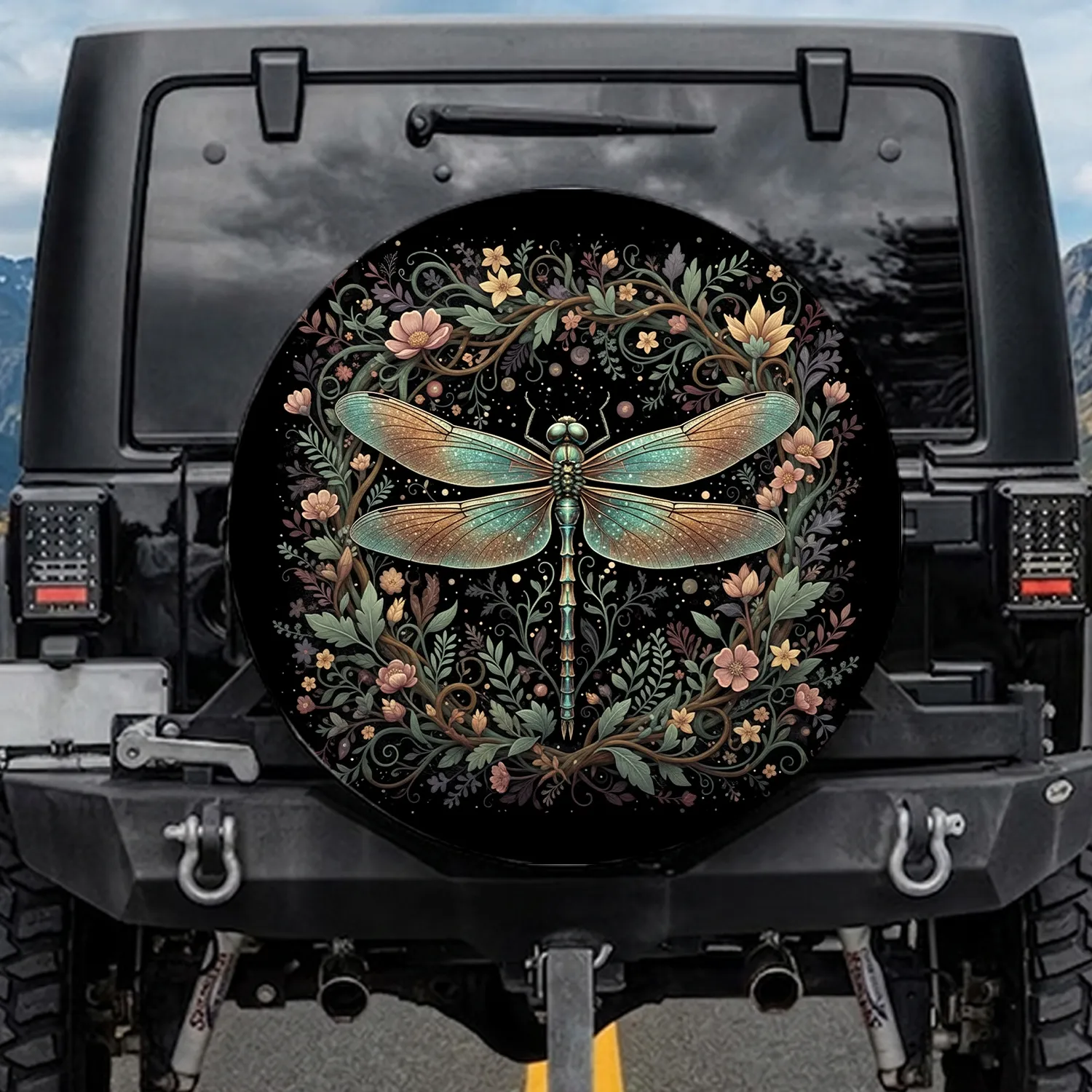 Iridescent Dragonfly Botanical Flowers Glowing Orbs Sparkling - Home Decor Gift Spare Tire Cover - 1
