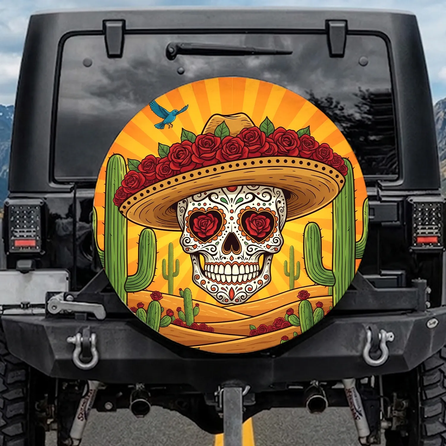 Ornate Calavera Sugar Skull Sombrero Roses Cacti Sunburst - Day of the Dead Gift Spare Tire Cover - 1