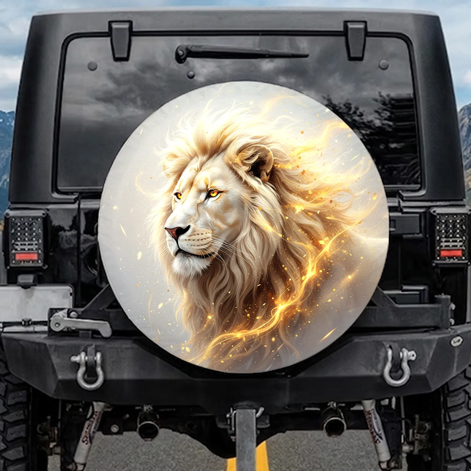 Majestic White Lion Golden Fire Mane Glowing Eyes - Fantasy Wildlife Home Decor Accent Spare Tire Cover - 1