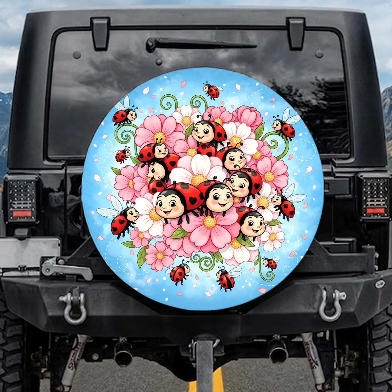 Ladybug Heart Spot Blooming Flowers - Nature Lover Gift Spare Tire Cover - 1