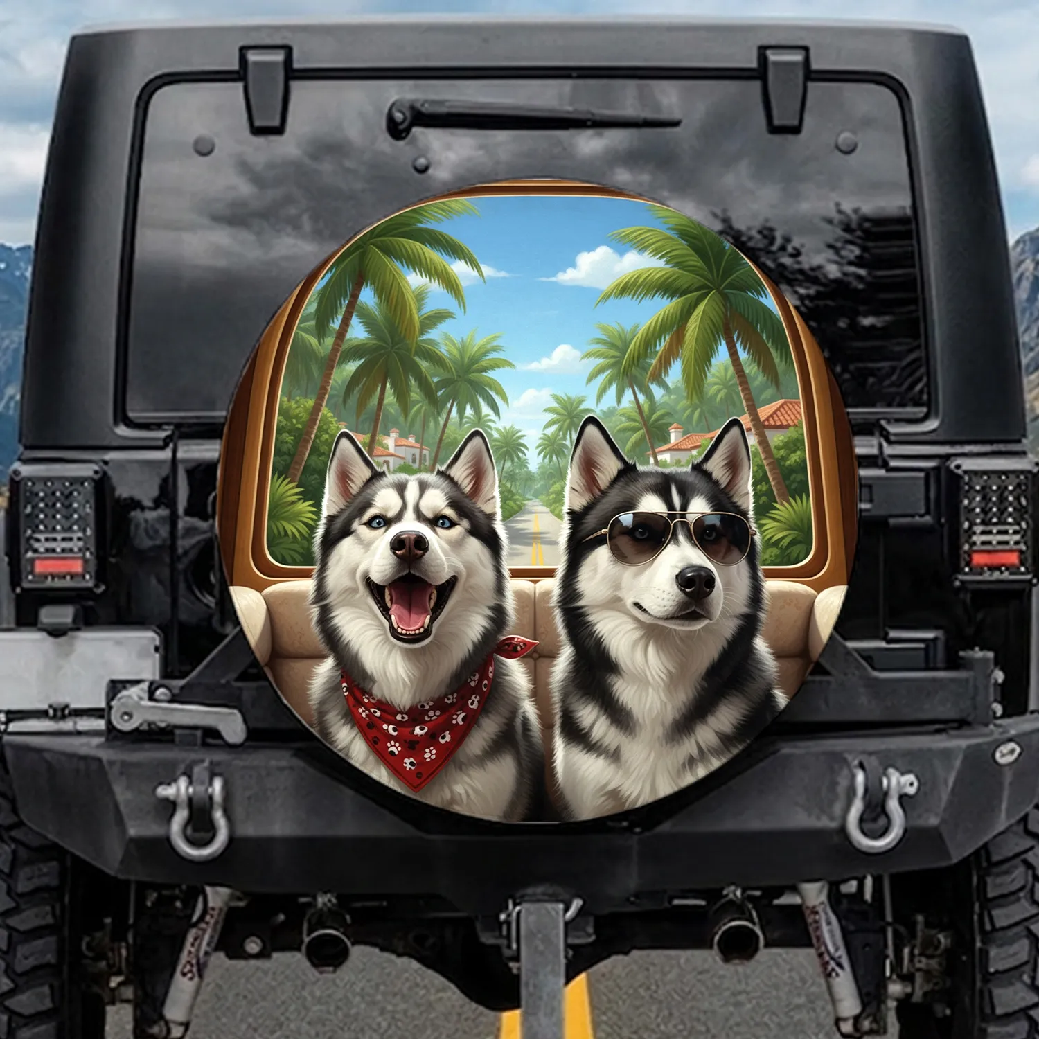 Siberian Huskies Sunglasses Palm Trees Road Trip - Road Trip Gift for Husky Lovers Spare Tire Cover - 1