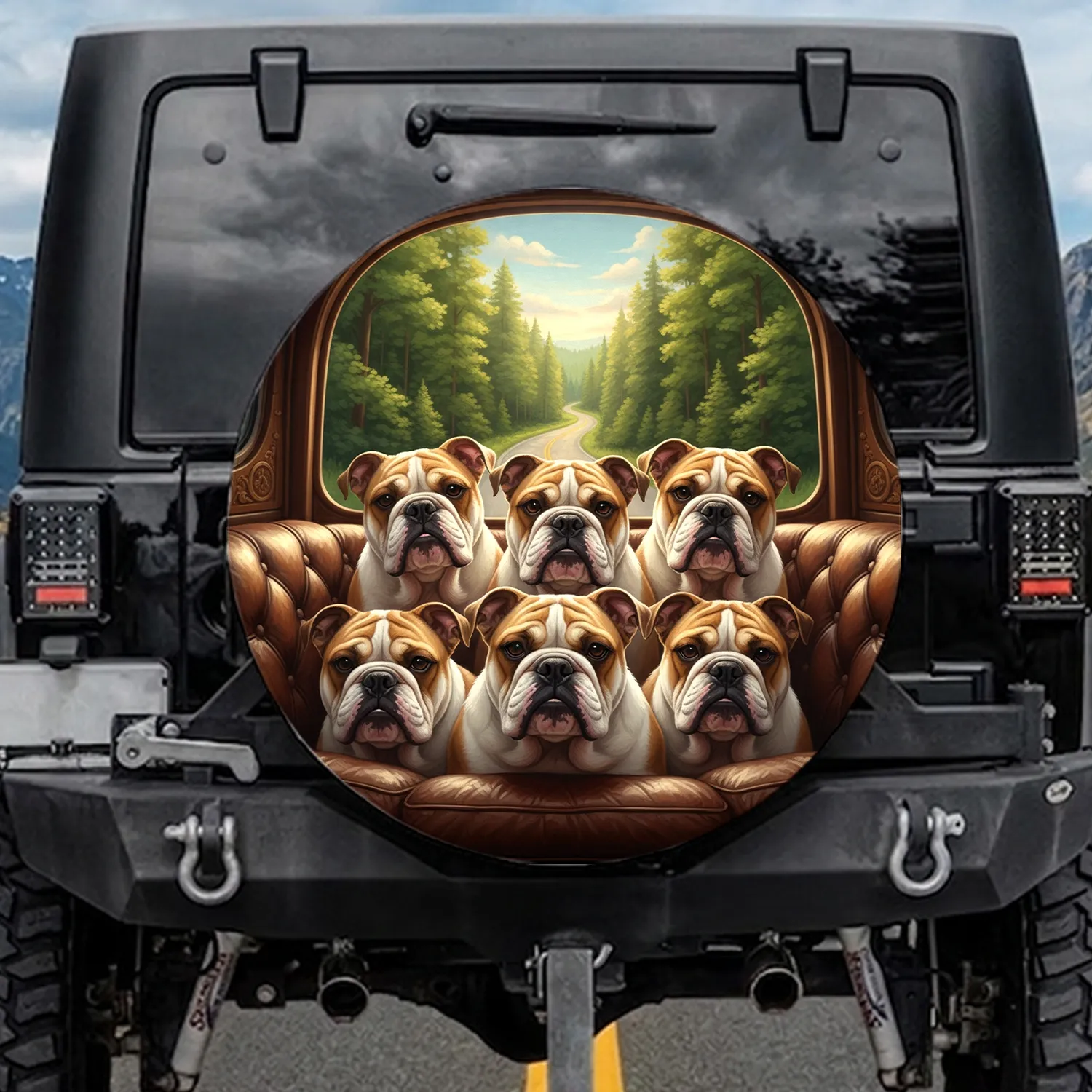 English Bulldogs Rich Leather Interior Winding Road - Dog Lover Gift Spare Tire Cover - 1
