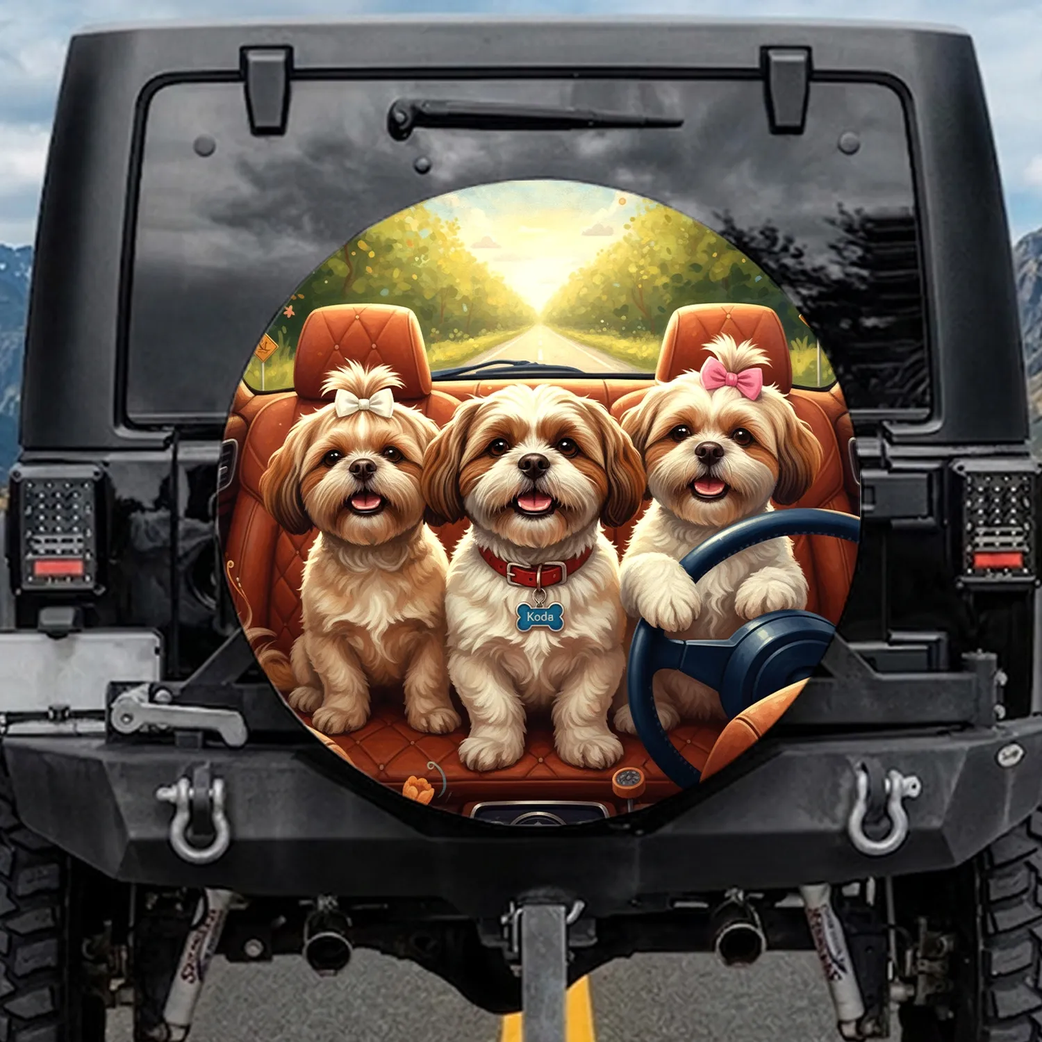 Smiling Shih Tzu Dogs Car Interior Adventure - Dog Lover Travel Essentials Gift Spare Tire Cover - 1
