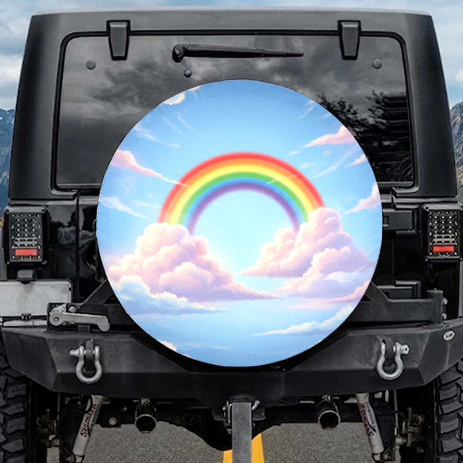 Large Arching Rainbow Luminous Fluffy Clouds Clear Sky - Travel Essentials Gift Spare Tire Cover - 1