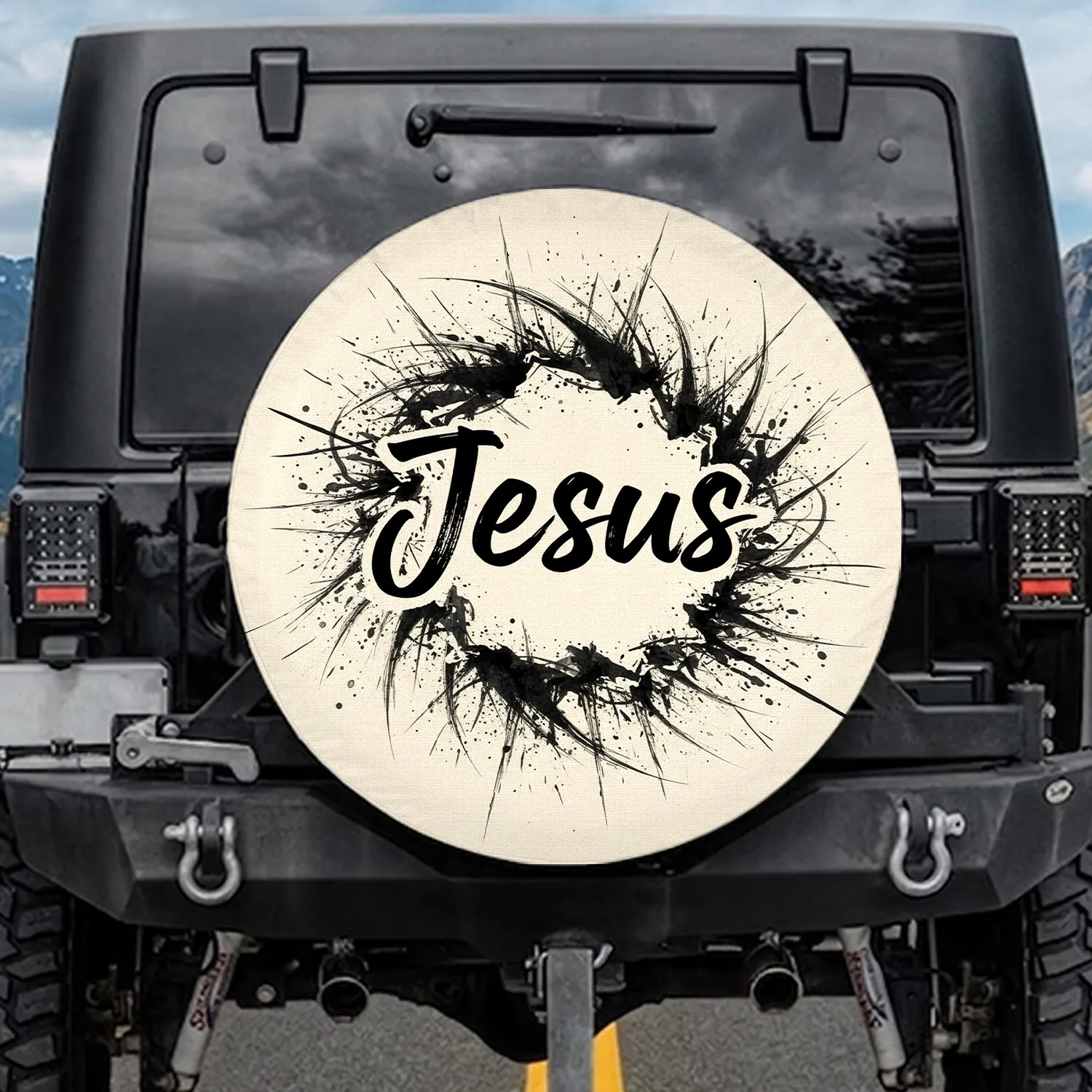 Jesus Calligraphy Ink Brushstrokes - Christian Faith Lifestyle Gift for Believers Spare Tire Cover - 1