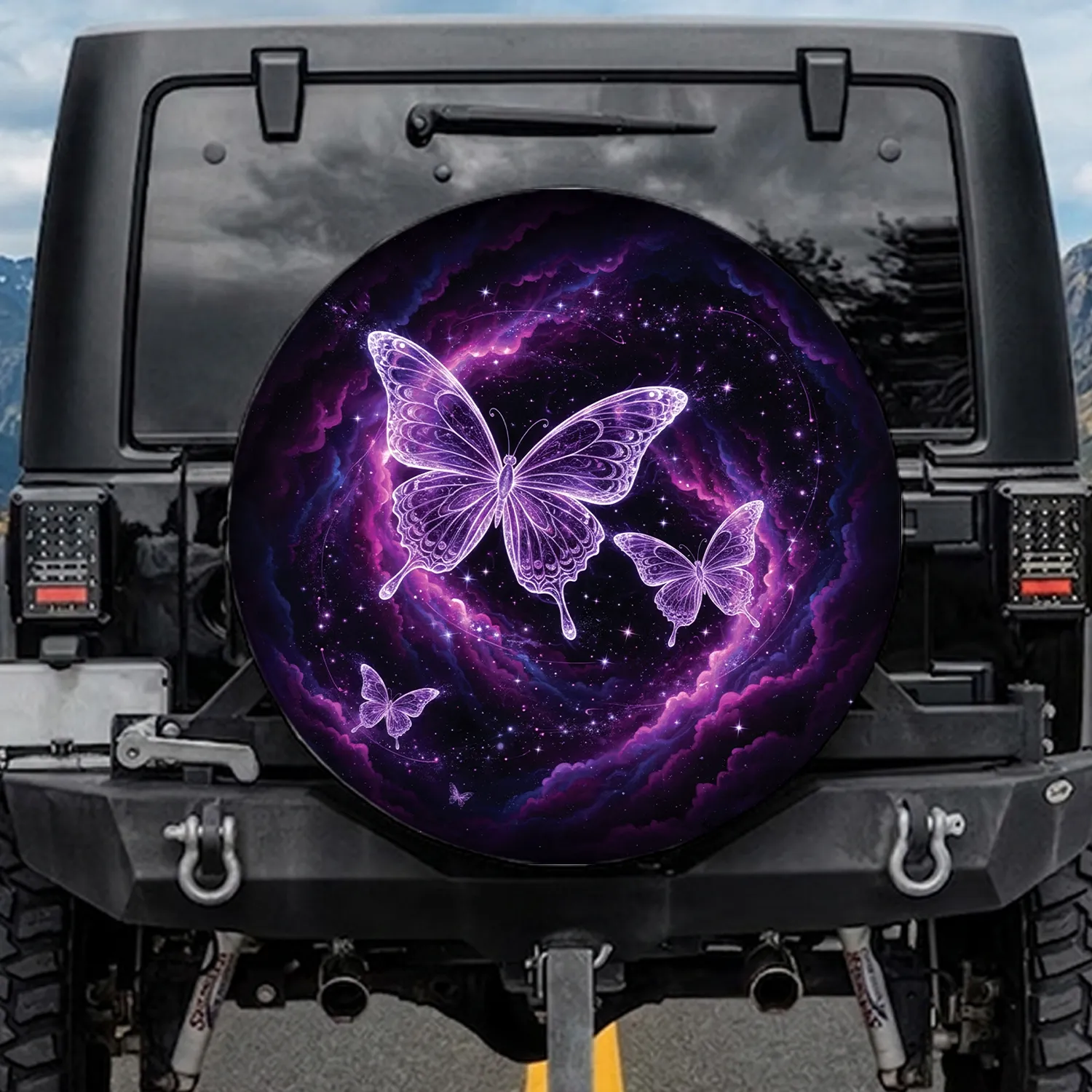 Luminous Purple Butterflies Cosmic Nebula - Ethereal Car Decor Gift for Butterfly Lover Spare Tire Cover - 1