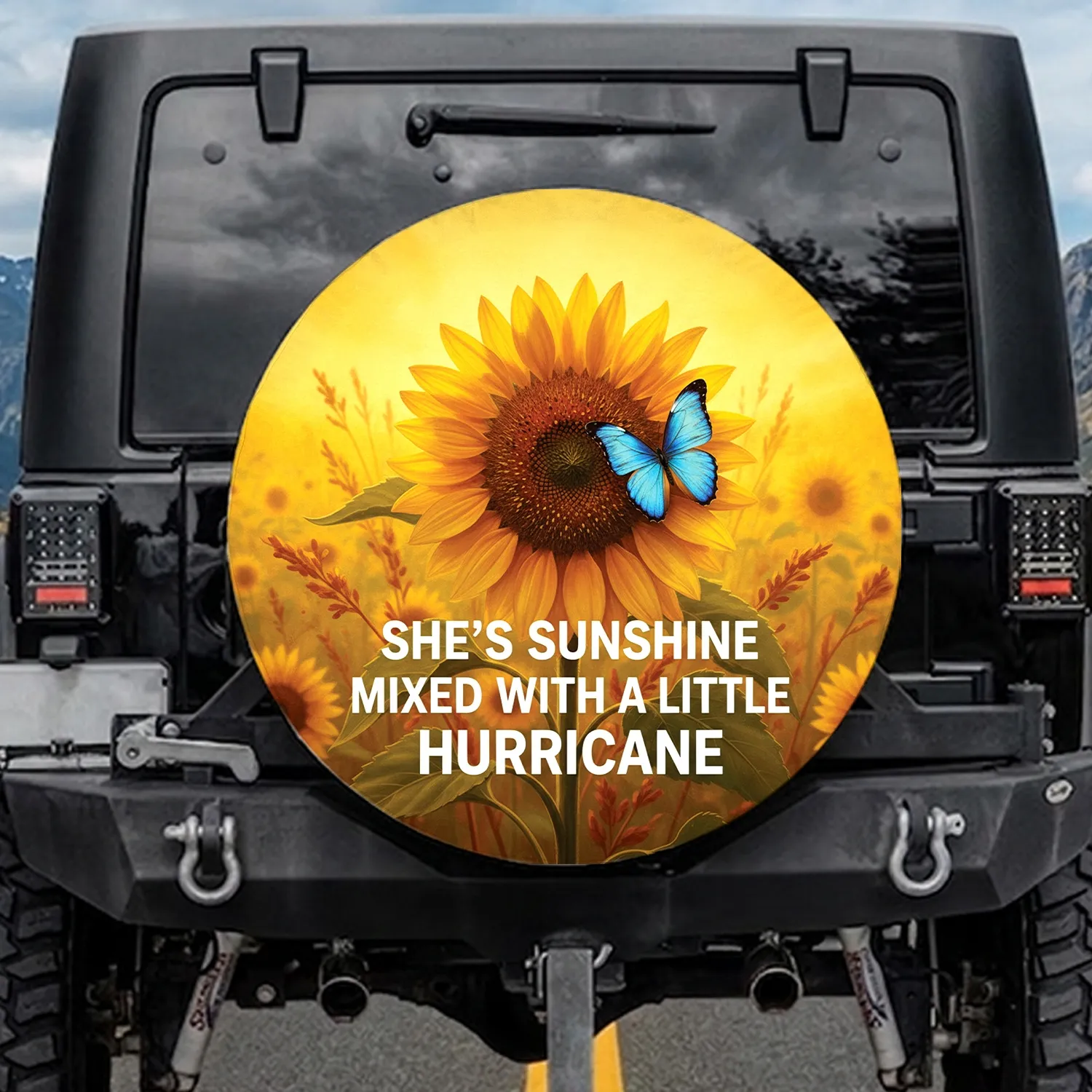 Sunflower Blue Butterfly 'She's Sunshine' Quote - Empowering Gift for Her Spare Tire Cover - 1