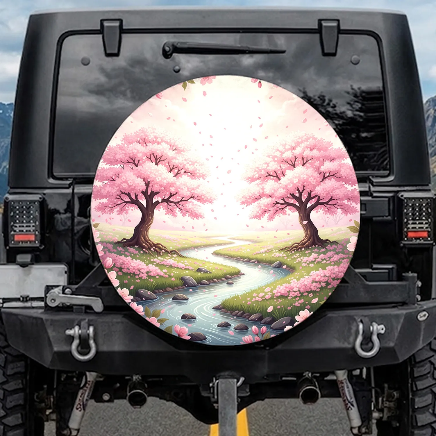Cherry Blossom River Flowers Landscape - Outdoor Vehicle Decor Spare Tire Cover - 1