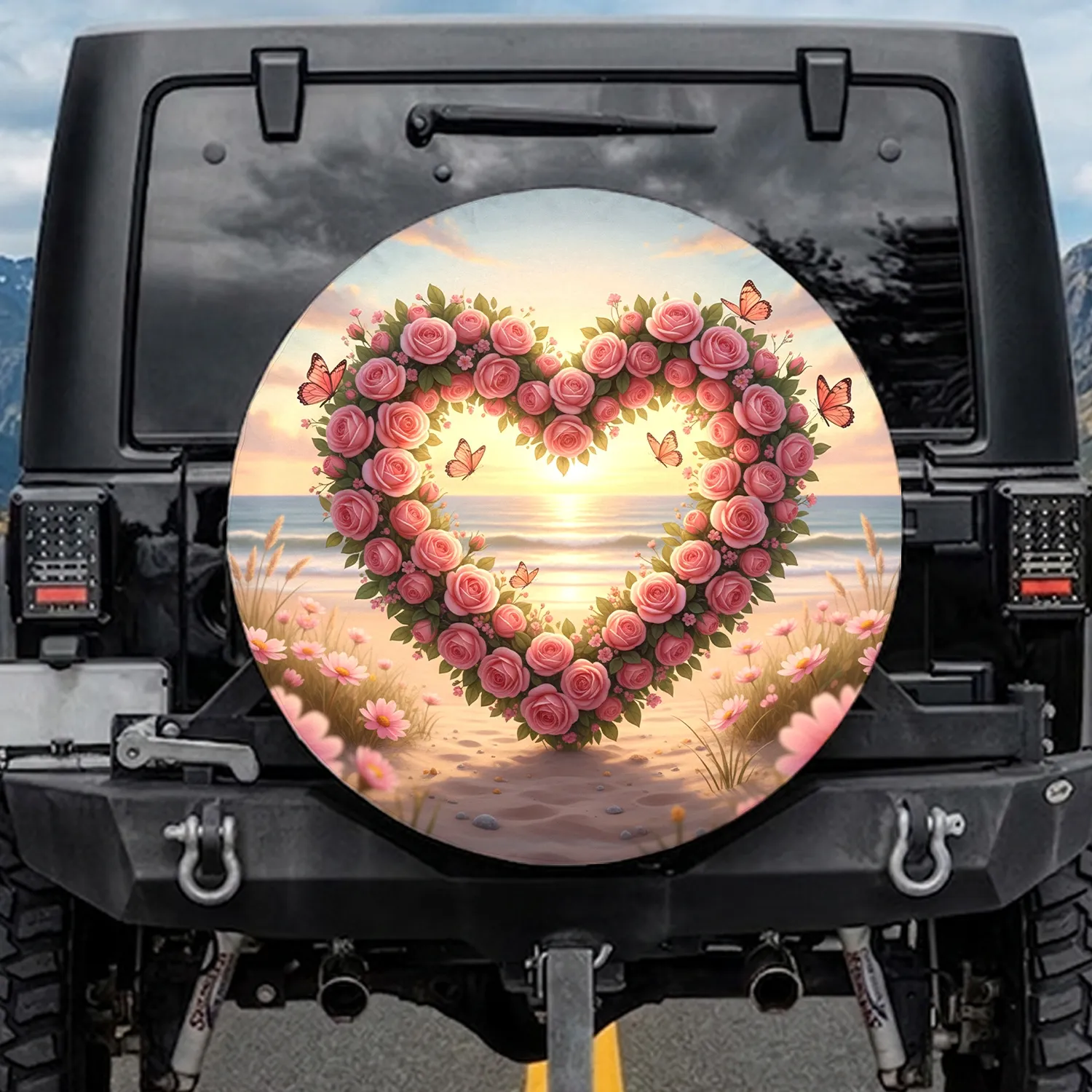 Pink Peach Rose Heart Wreath Beach Butterflies - Coastal Nature Lover Gift Spare Tire Cover - 1