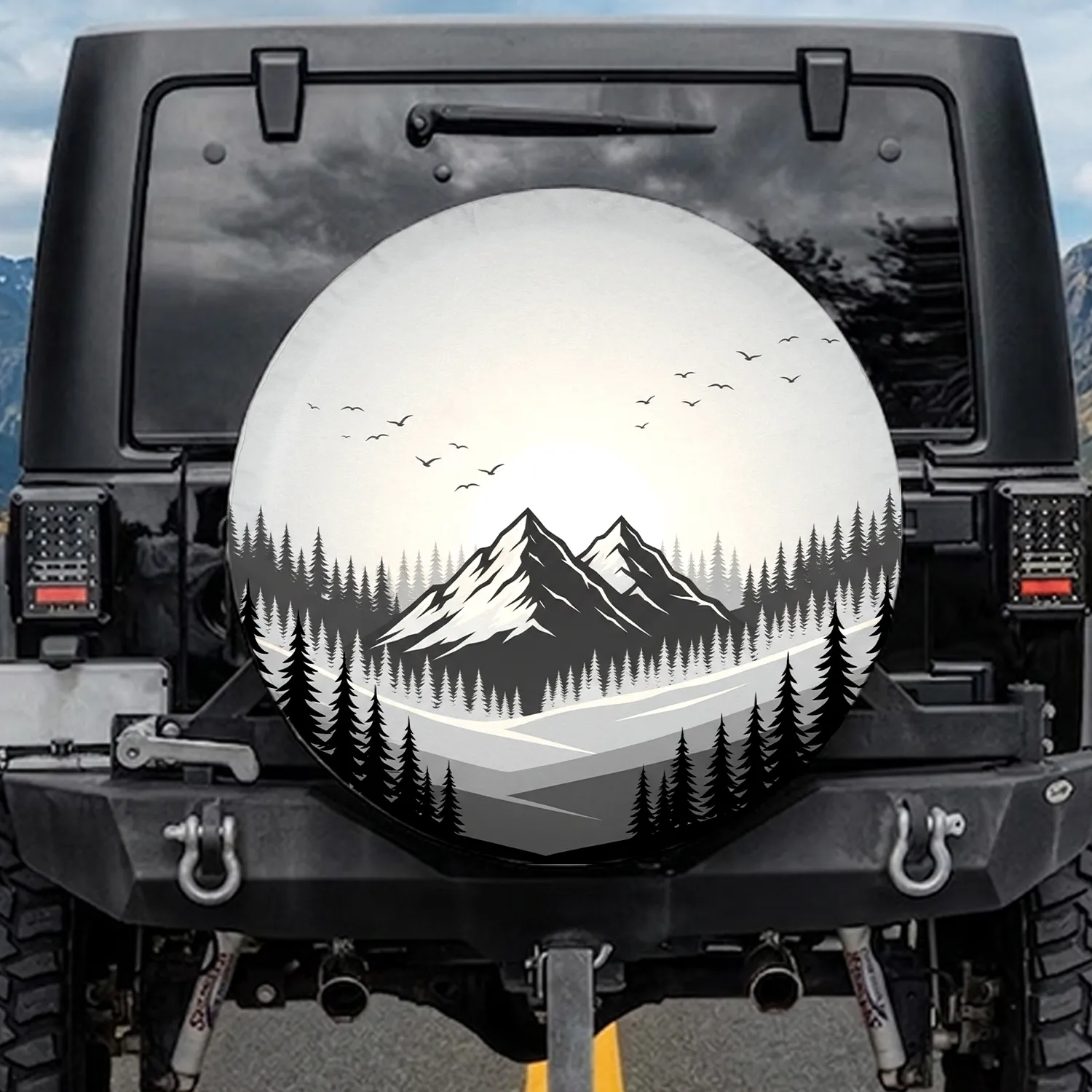 Majestic Mountain Range Sun Pine Trees Birds - Outdoor Adventure Gift Spare Tire Cover - 1