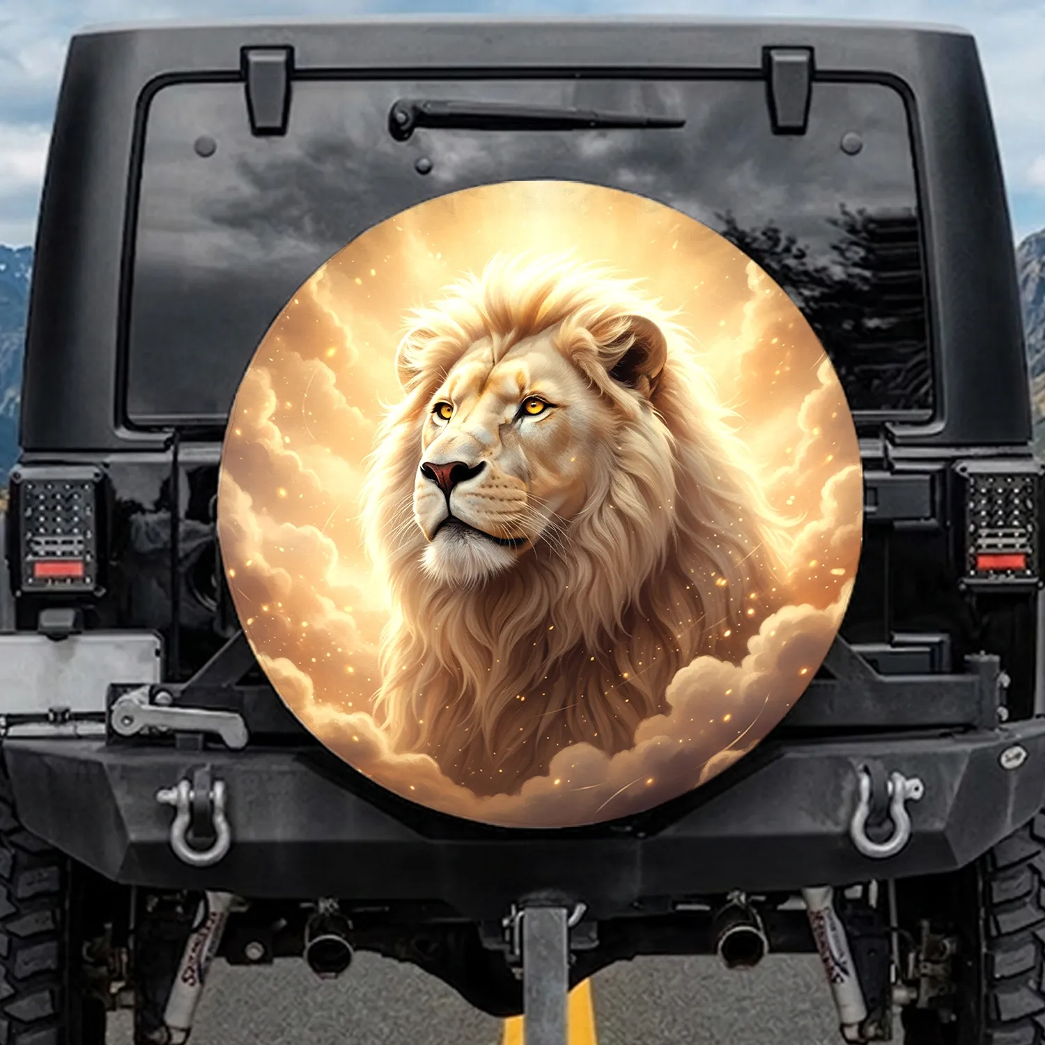 Majestic White Lion Intense Yellow Eyes Golden Celestial Sky Ethereal Clouds - Wildlife Lover Home Decor Gift Spare Tire Cover - 1