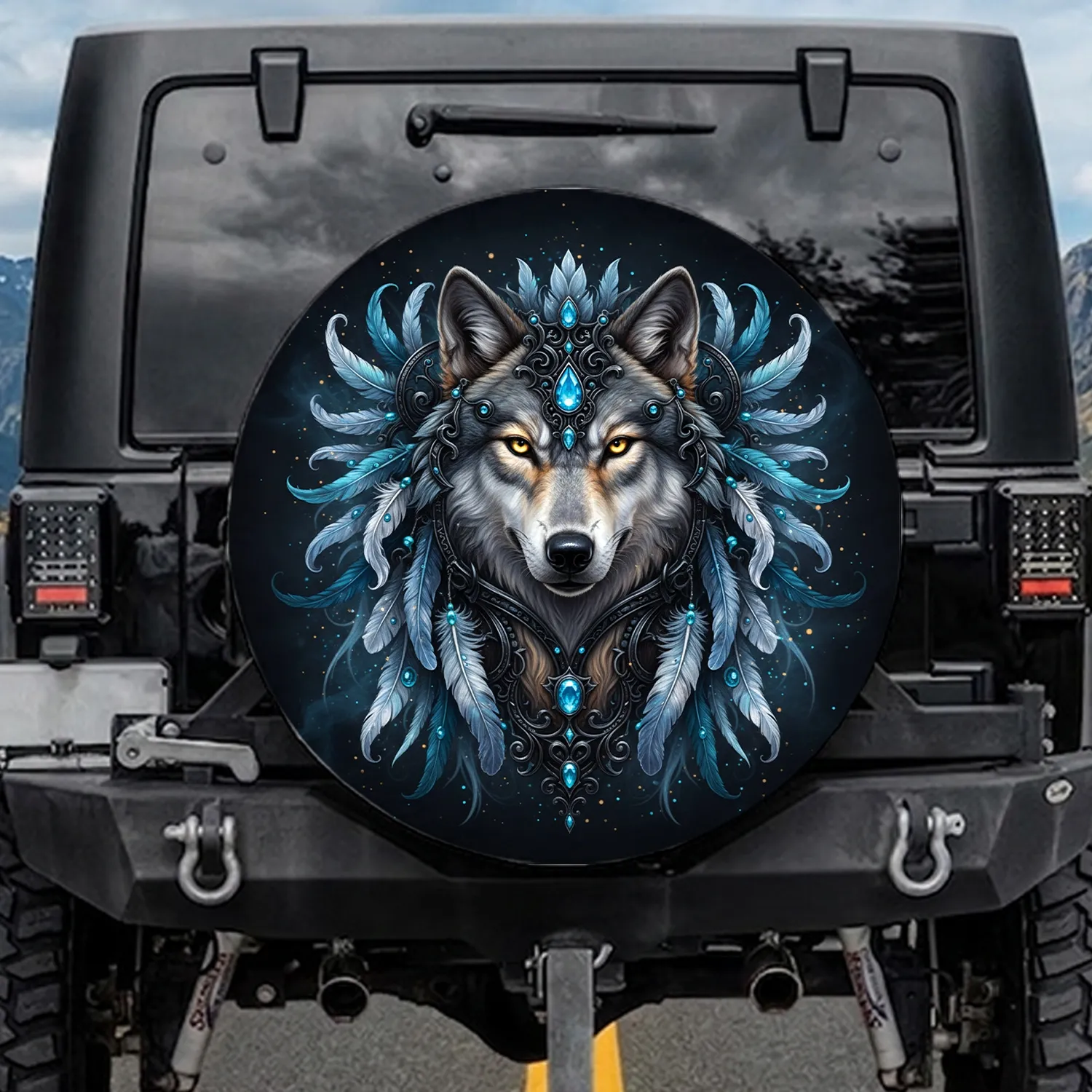 Wolf Head Golden Eyes Tribal Feathers Azure Gems - Wildlife Lover Home Decor Gift Spare Tire Cover - 1