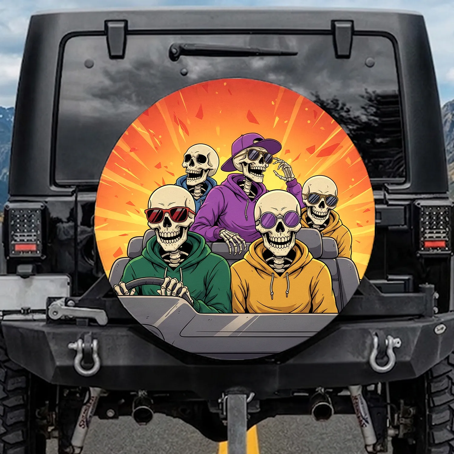 Four Skeletons Cruising Hoodies Sunglasses Fiery Sunset Sky - Vehicle Accessory Gift Spare Tire Cover - 1
