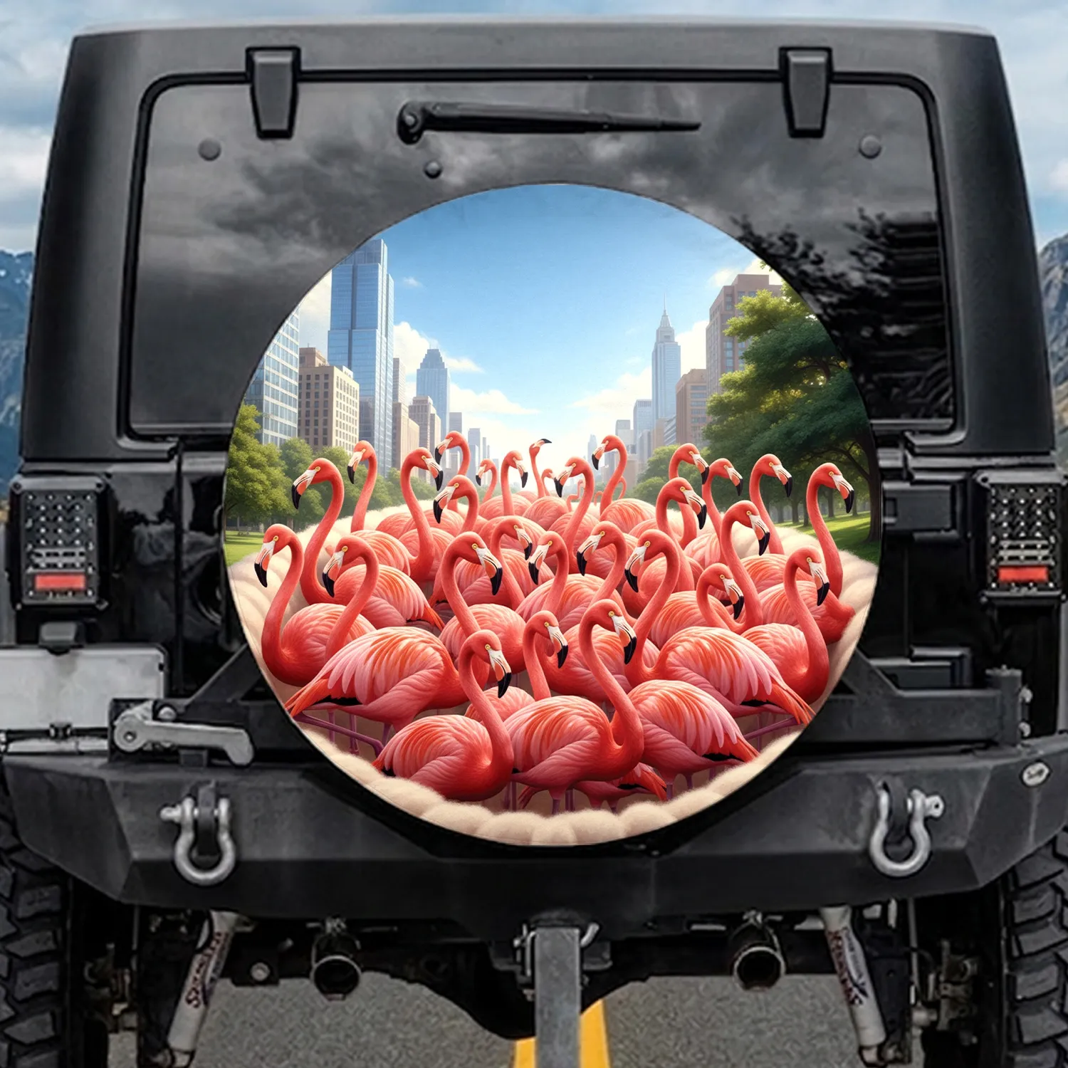 Vibrant Pink Flamingos City Park Blend - Wildlife Lover Gift Spare Tire Cover - 1