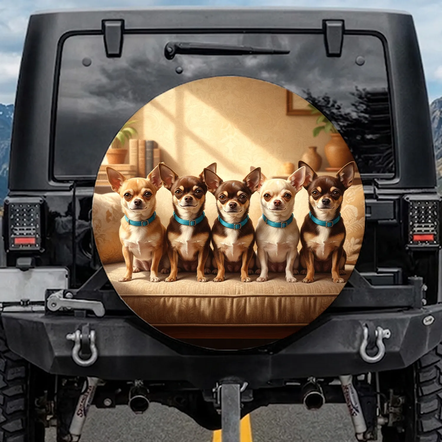 Chihuahua Dogs with Blue Collars Fabric Bench - Dog Lover Home Decor Gift Spare Tire Cover - 1