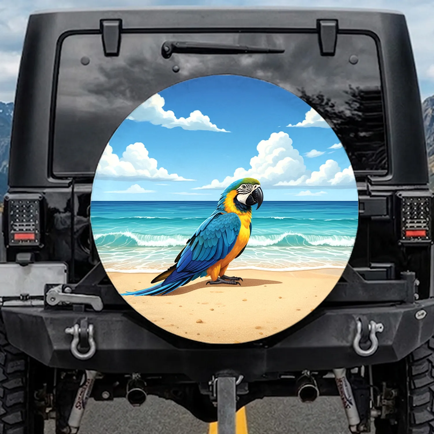 Vibrant Macaw Tropical Sandy Beach Ocean Waves - Tropical Home Decor Gift Spare Tire Cover - 1