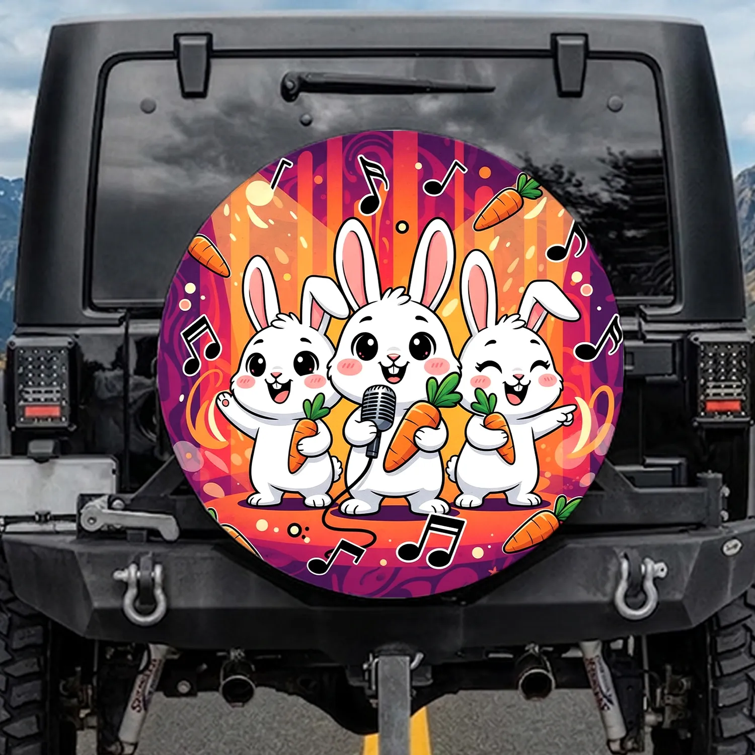 Expressive Cartoon Rabbits Singing Carrots - Travel Music Lover Gift Spare Tire Cover - 1