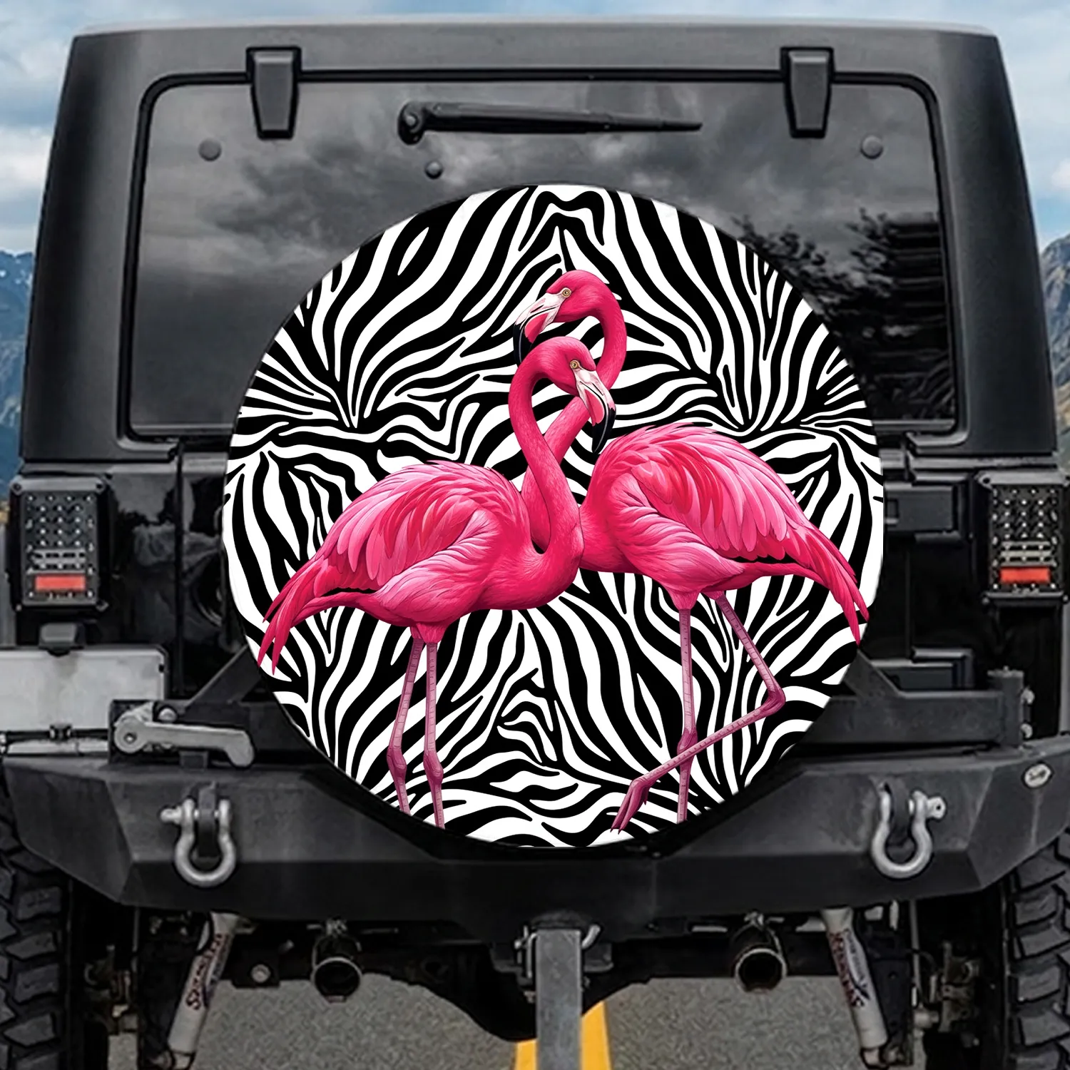 Elegant Vibrant Pink Flamingos Black White Zebra Stripes - Wildlife Lover Gift Spare Tire Cover - 1