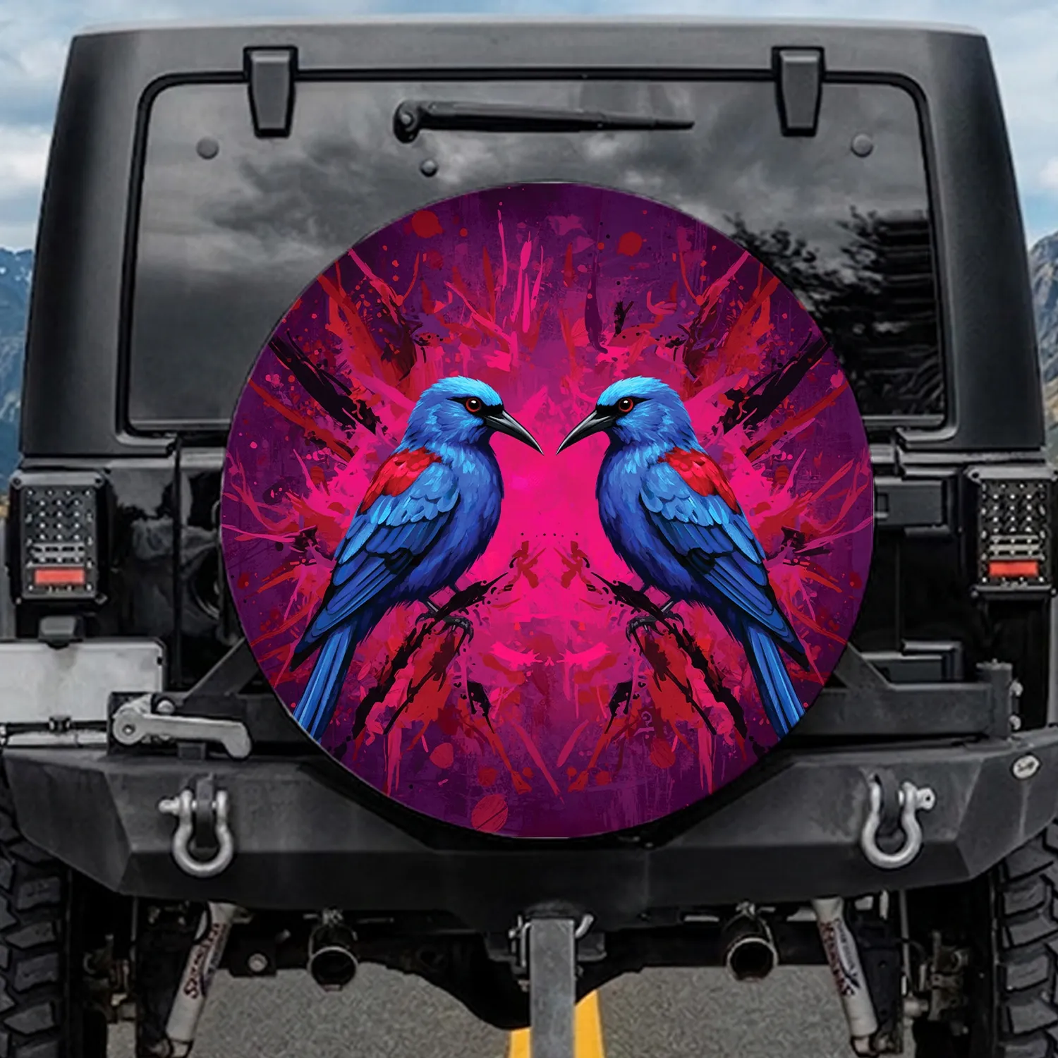 Vibrant Blue Birds Mirrored Gaze Abstract Splashes - Wildlife Lover Gift Spare Tire Cover - 1