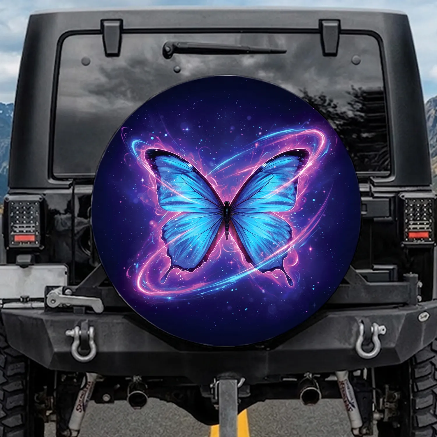 Majestic Blue Butterfly Energetic Swirls - Outdoor Travel Car Accessory Spare Tire Cover - 1