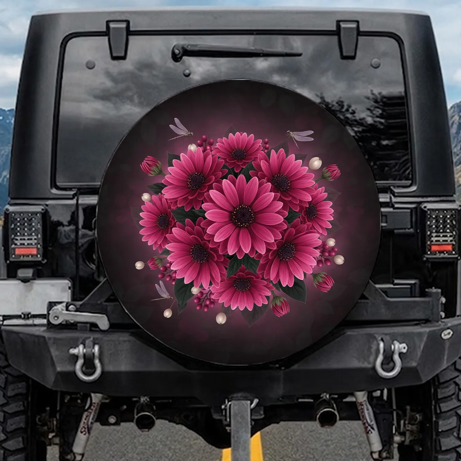 Fuchsia Pink Daisy Flowers Dragonflies Berry Clusters - Home Decor Garden Lover Gift Spare Tire Cover - 1