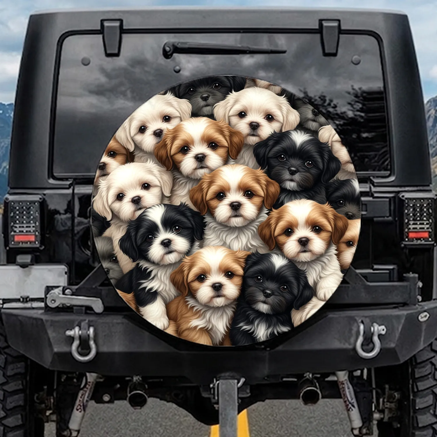 Expressive Shih Tzu Puppies Fluffy Fur Cluster - Pet Lover Outdoor Use Gift Spare Tire Cover - 1