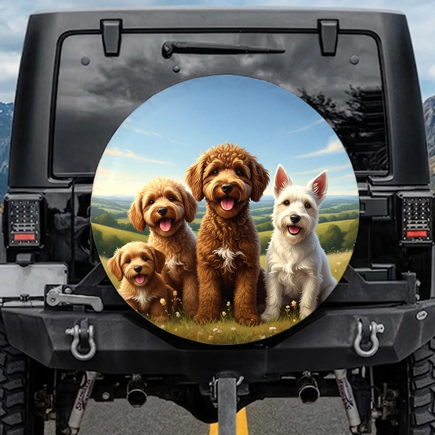 Cheerful Fluffy Dogs Rolling Hills Sky Scene - Pet Owner Outdoor Adventure Gift Spare Tire Cover - 1