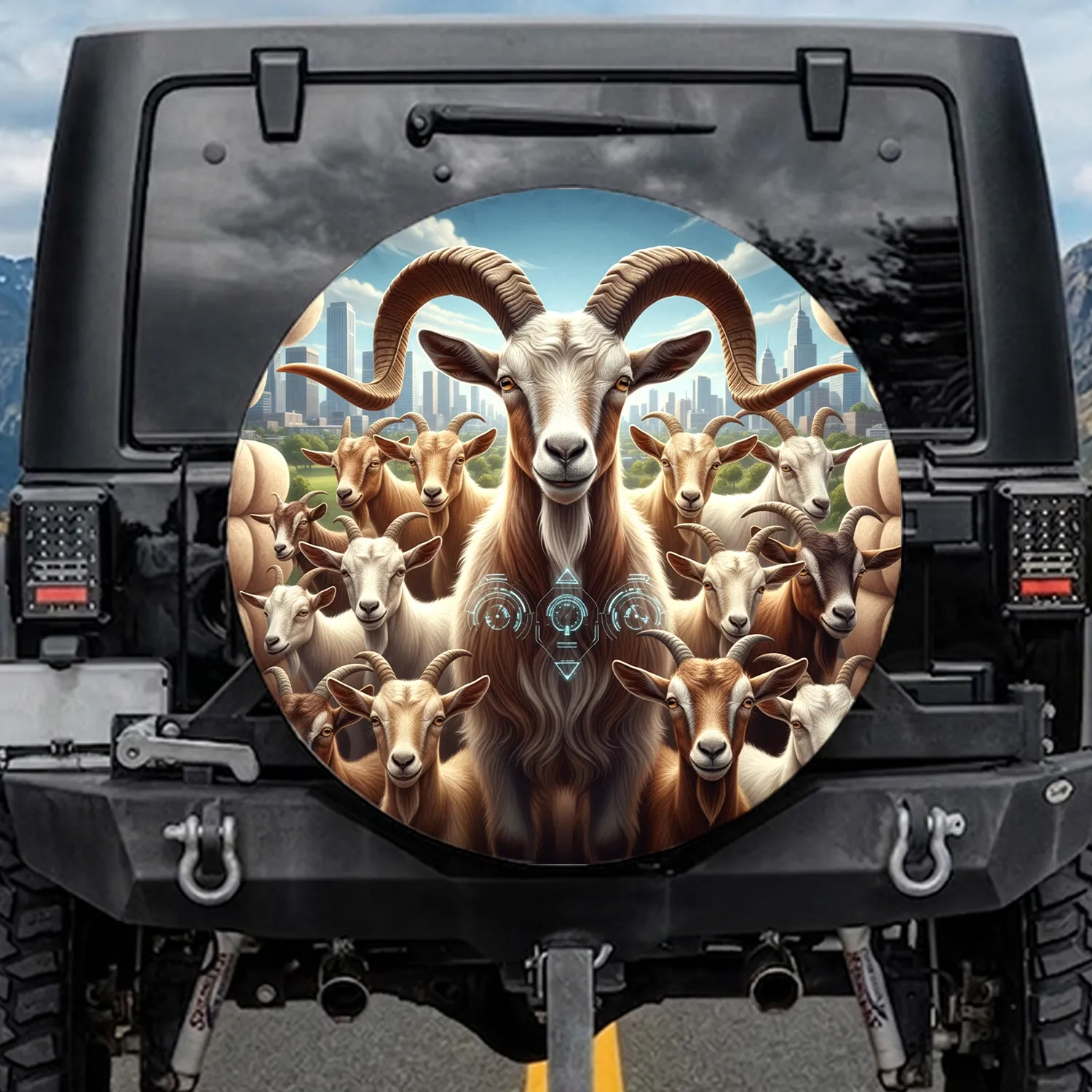 Detailed Goats City Vista Control Panel - Wildlife Enthusiast Everyday Home Gift Spare Tire Cover - 1